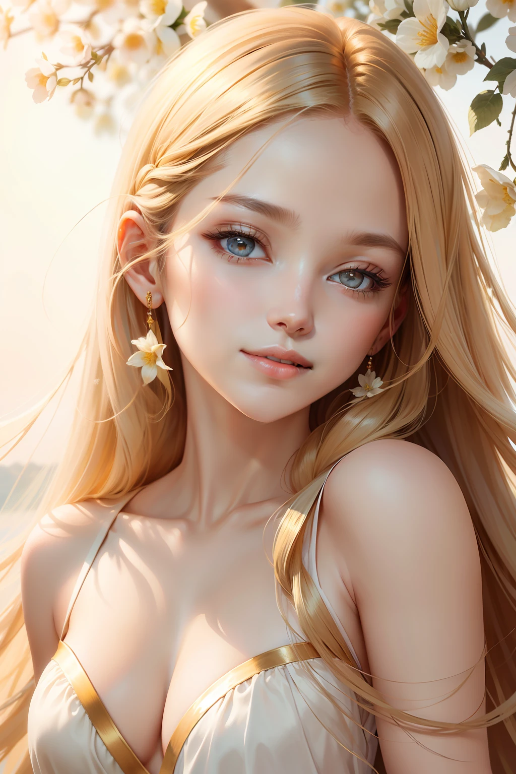 The golden ratio of the face is even,Soft and delicate skin,Bright and blooming eyes,Gentle and natural makeup,Elegant flowing long hair,Enchanted smile,sunny clear sky,A gentle breeze,Warm and soft sunshine,Top-down angle shooting。