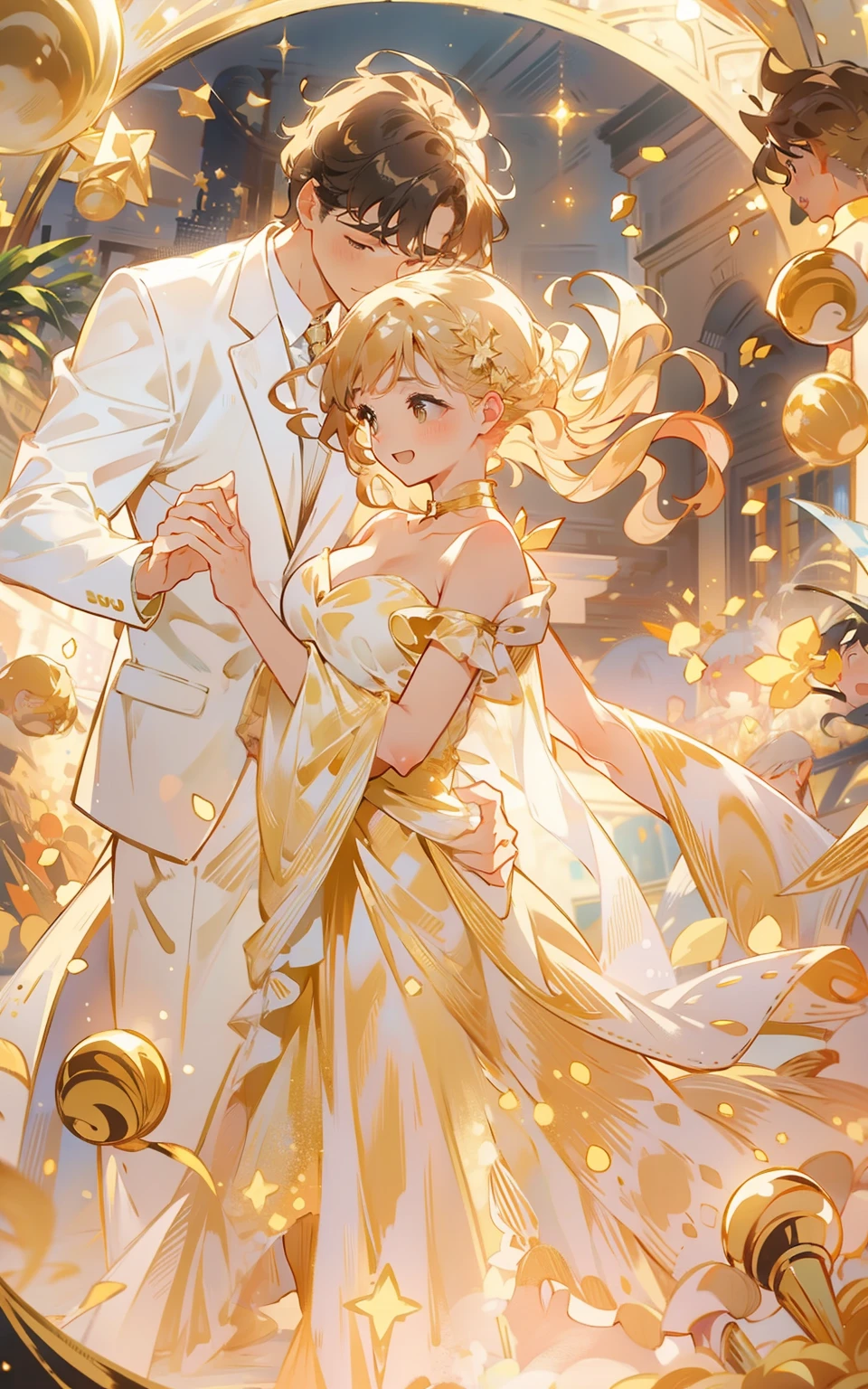 9. Golden hour ball:A lavish ball,The venue is decorated with golden lights and flowers,A beautiful lady wearing a sparkling gold evening dress,Dance with your partner,Her dance moves are full of grace and confidence。