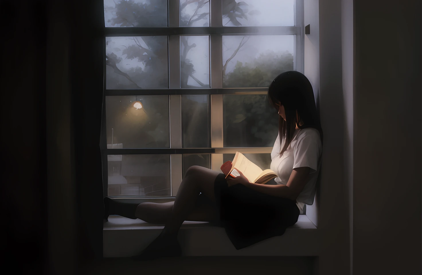 There was a woman sitting on the windowsill reading a book, soft light from the window, lofi portrait at a window, near a window, near a window, next to a window, cold light from the window, anime big breast. Soft lighting, Window light, sitting on a window sill, Soft window light, Girl on windowsill, light from window