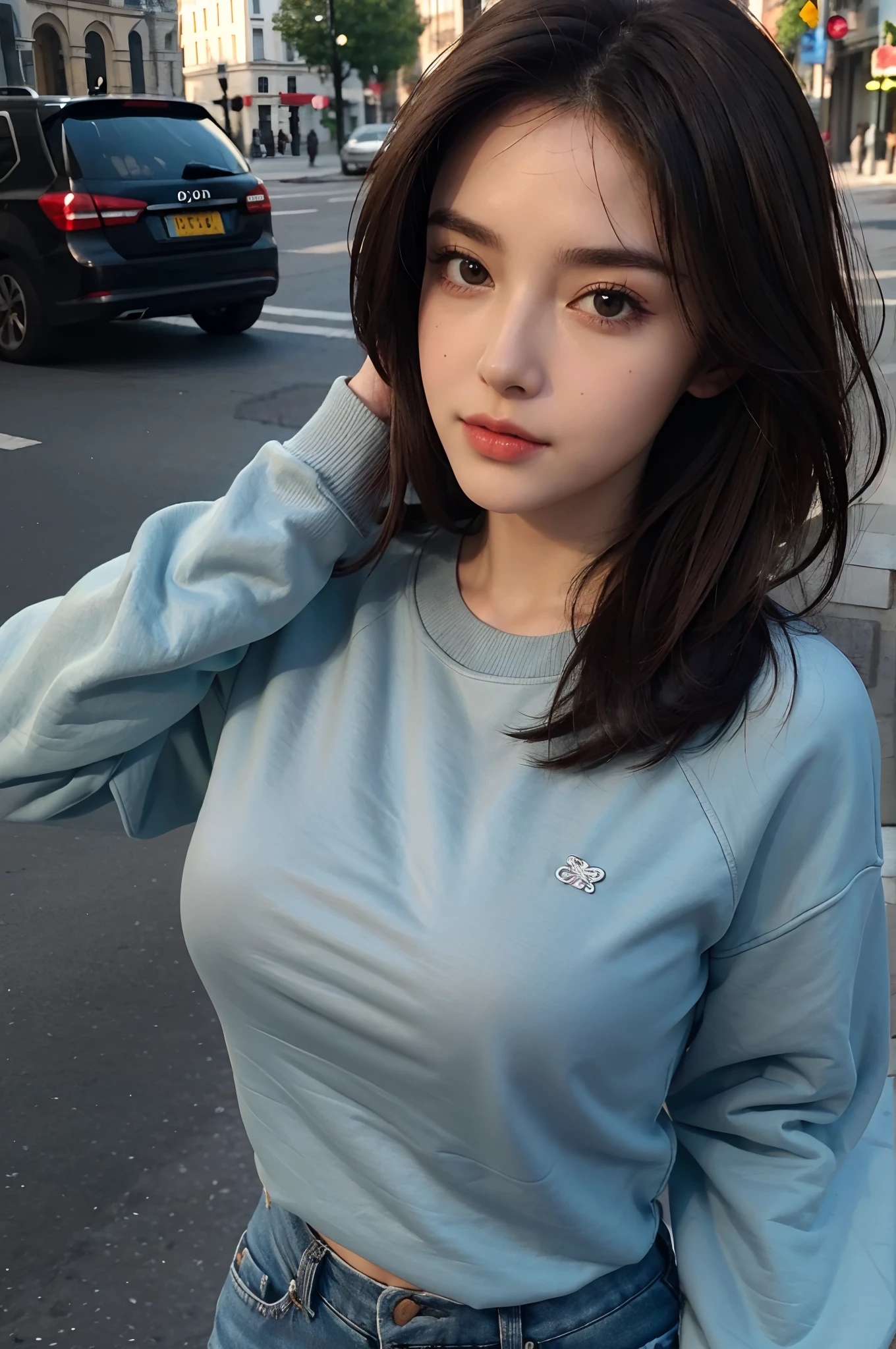 (Best quality, high resolution, masterpiece: 1.3), a beautiful woman, big breasts, slim figure, (short dark brown hair), sweatshirt, beautifully presented details in the street and facial and skin texture, detailed eyes, double eyelids, big eyes