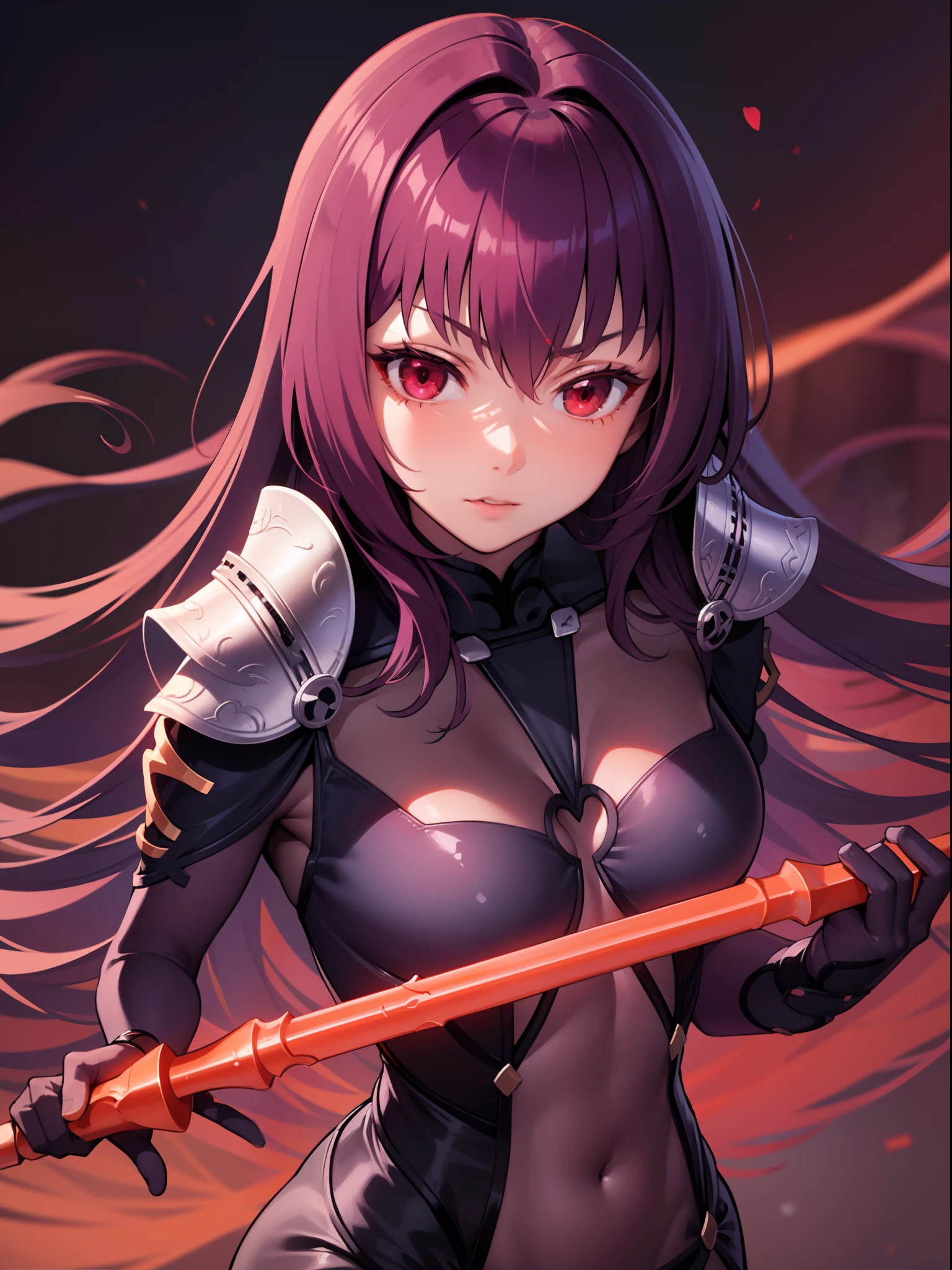 masterpiece, best quality,1girl,solo, scathach \(fate\),purple hair,red eyes, armor, shoulder armor, bodysuit