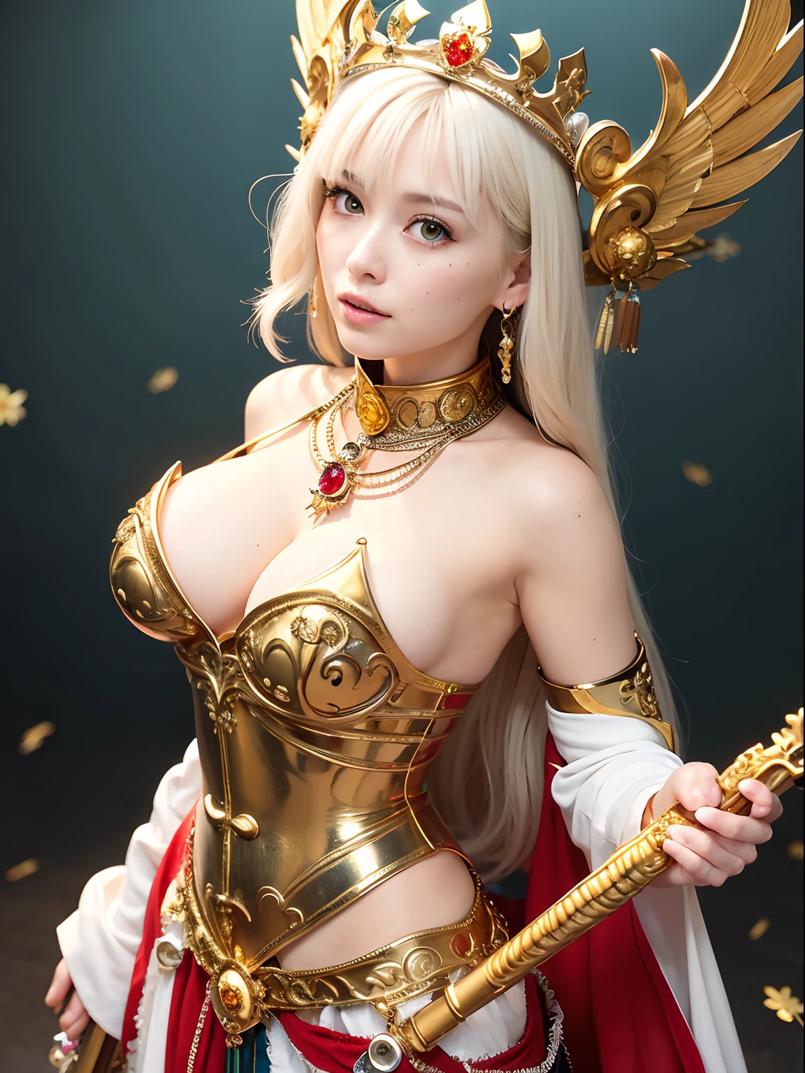 (masutepiece), Professional , masterpiece、top-quality、photos realistic , depth of fields (Gemstone Silver Metal Body:1.9),(Matte White、(Interior background of a luxurious castle)、Jewel Gold Weapon、(Flying in the sky),Gorgeous metal weapons,(Detailed and realistic angel white wings) , Detailed Sword of the Brave , Beautiful knife 、delicated face、20 years girl ,warhammer 40k , adepta sororitas,Detail and ornate jewel crown、a blond、(Gangle's forest background)、Beautiful Caucasian beauty、1a person、dynamic ungle,(((Detailed and ornate diamond crown)))、Smaller head、A smile、Powerful poses、Beautiful thin fingers of a woman、cleavage of the breast、
