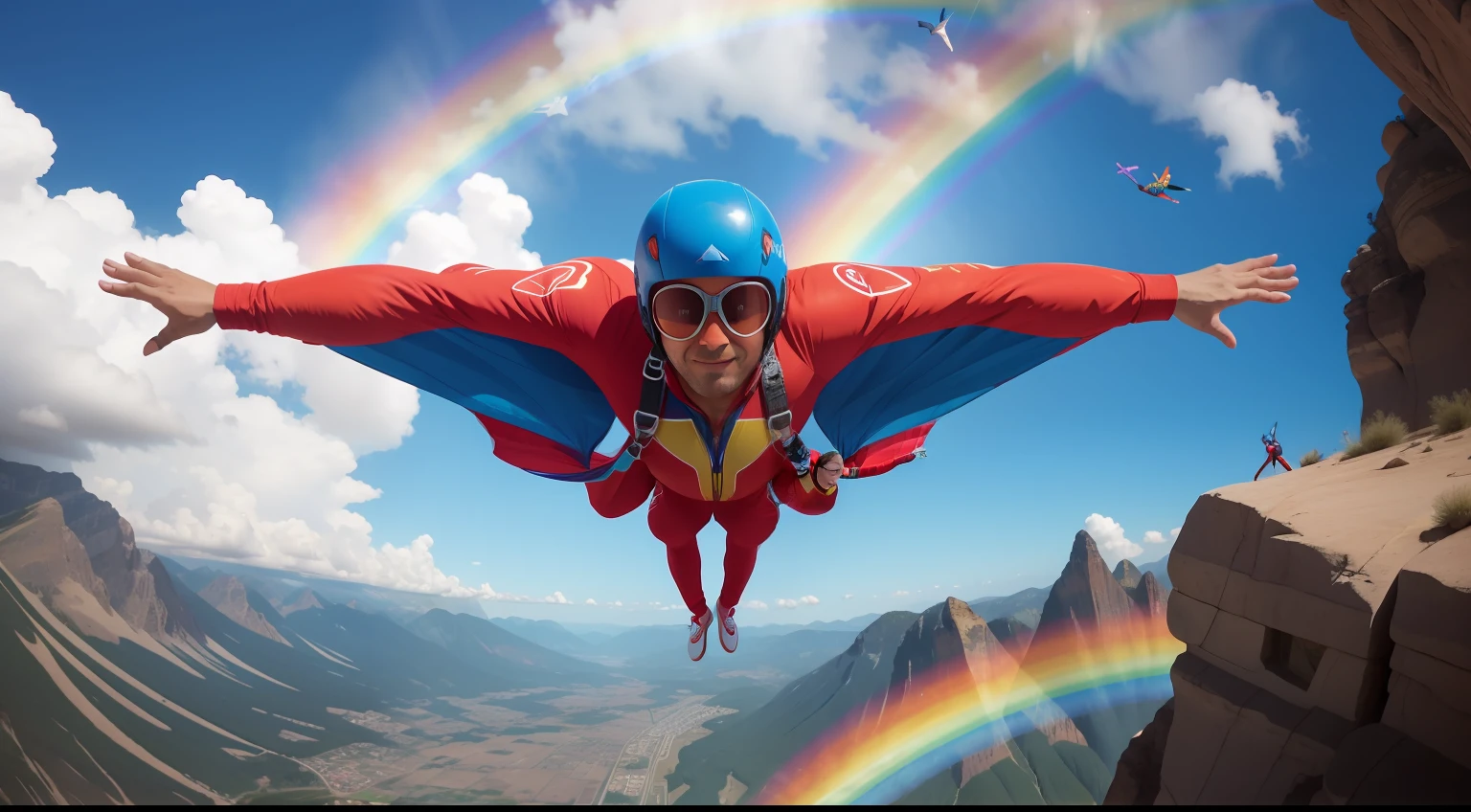 Wingsuit Ballet en arco iris:
Skies Scenic Ballet; Wingsuits pirouette on painted rainbows.