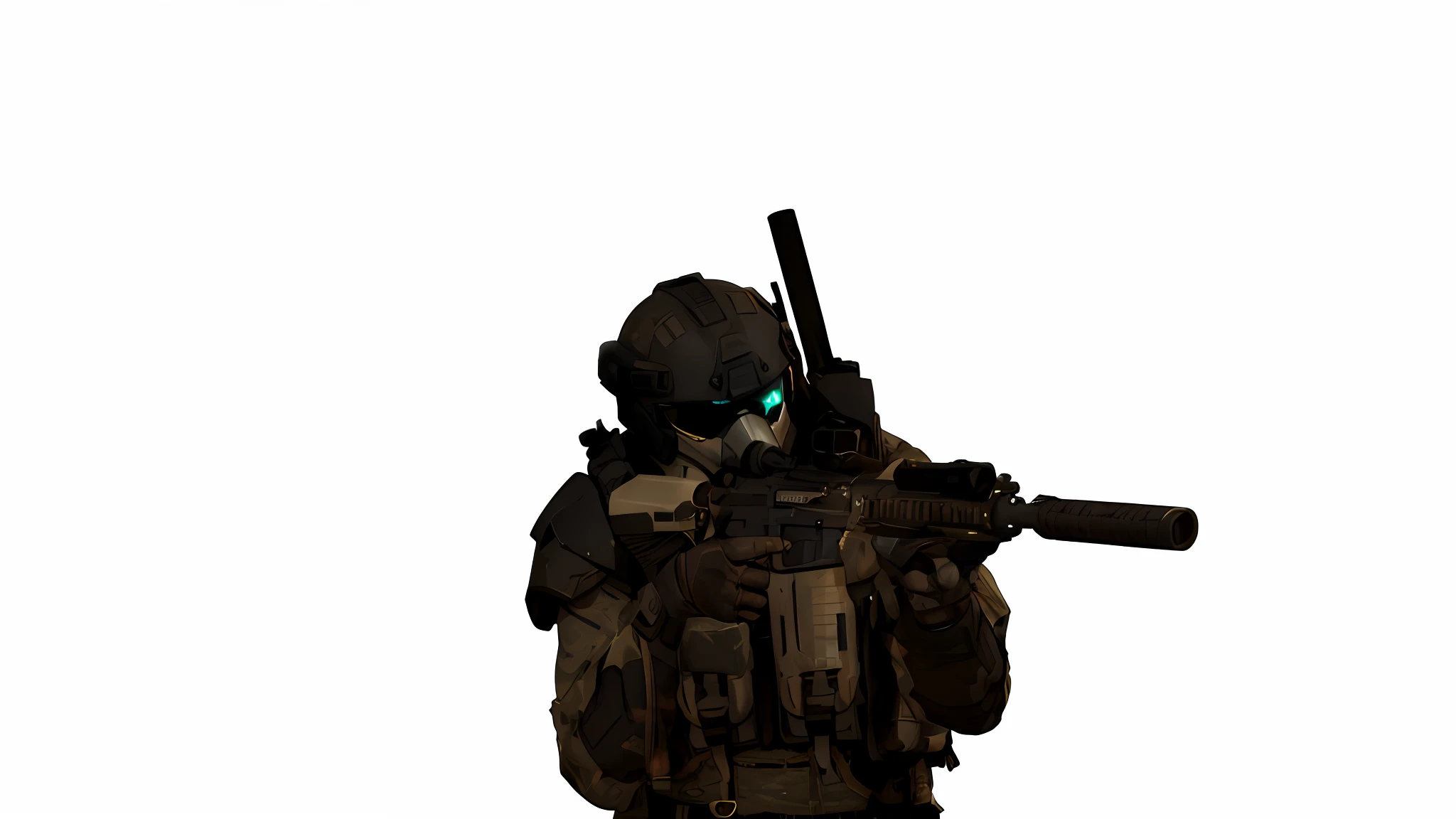 arafed soldier with a rifle and a gas mask on, black octane render, sfm render, odst, halo. octane render, rendered in sfm, high quality topical render, sci-fi soldier, in game capture 3d render, future soldier clothing, gear halo, spec - ops head, glowing eyes in helmet, 15 mm octane render
