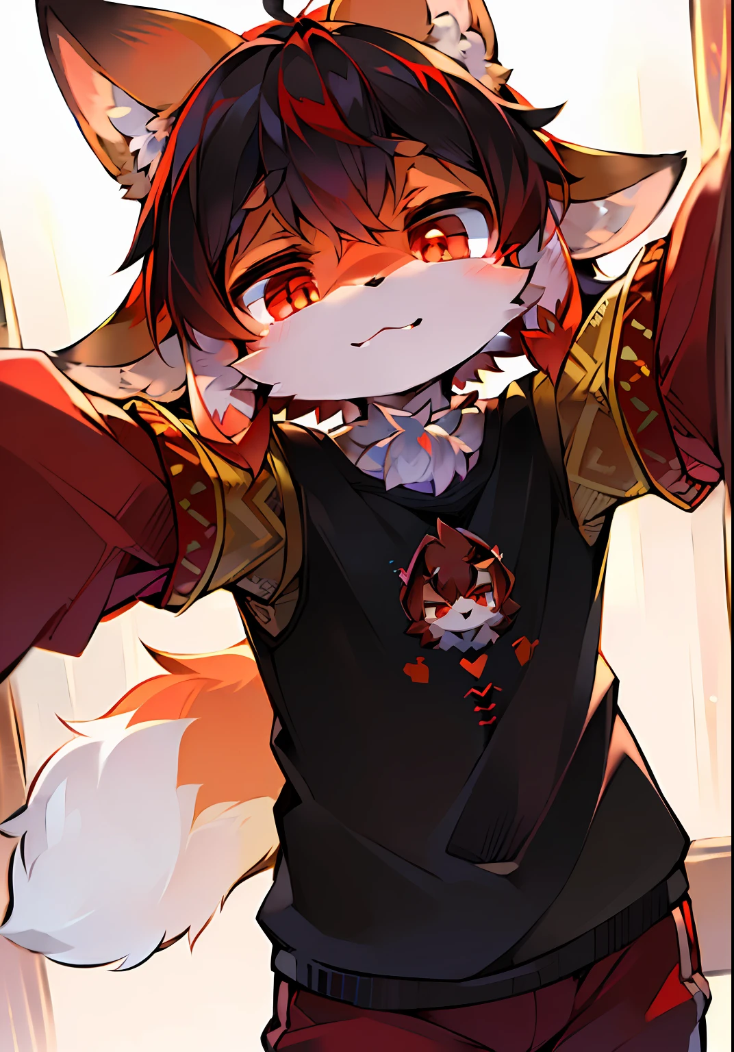 eyes with brightness, in a panoramic view, up-close,Character focus.独奏, shaggy, shaggy male, malefocus, (Full Body Furry, A fluffy tail, The whole body has red and white fur, red color eyes, Black color hair)(red fox、wearing an outfit),(4K分辨率)(Little cute)(lop eared)(hyper cute face)(ambient lights)(volumettic light)(the detail)