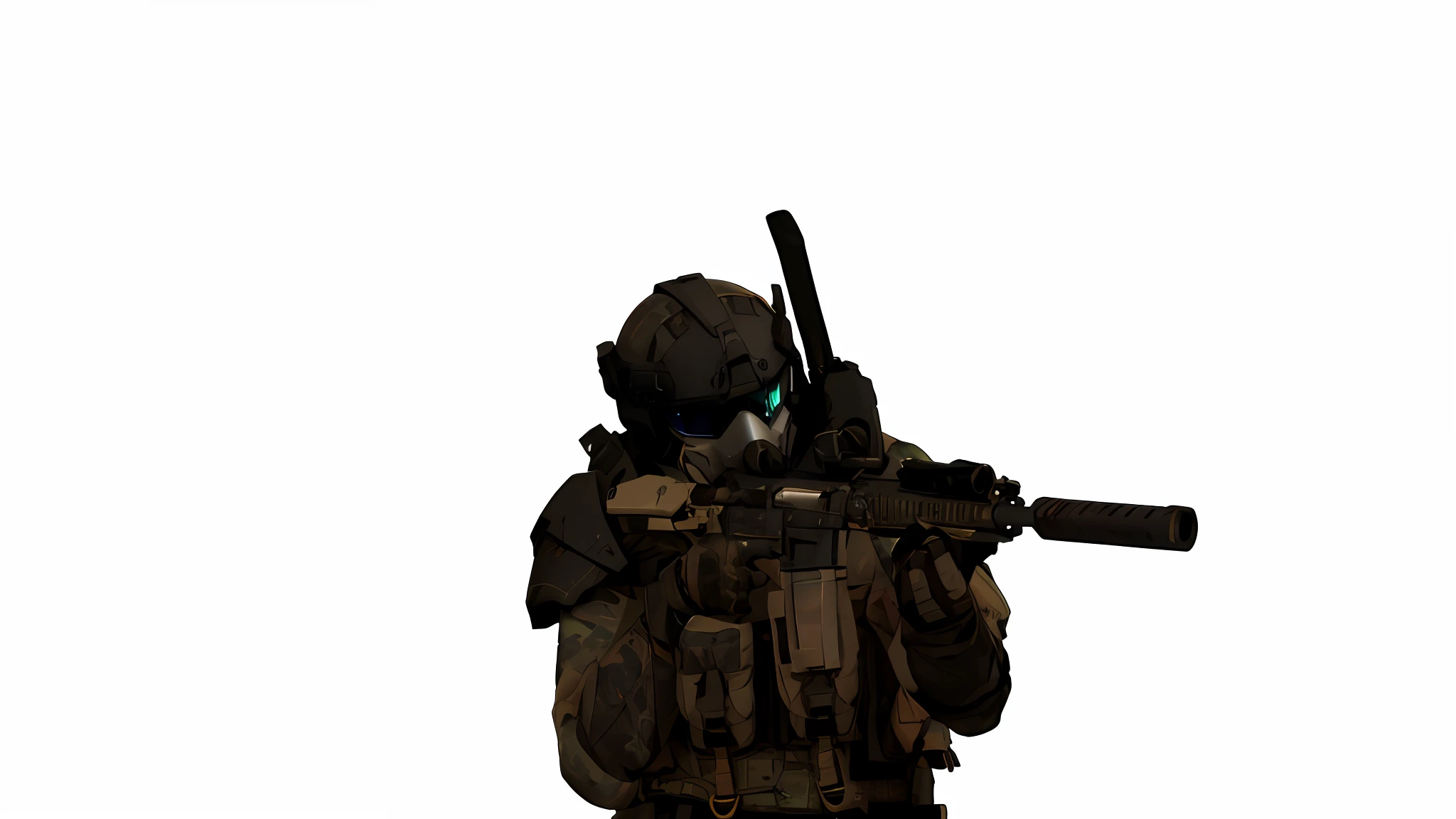 arafed soldier with a rifle and a gas mask on, black octane render, sfm render, odst, halo. octane render, rendered in sfm, high quality topical render, sci-fi soldier, in game capture 3d render, future soldier clothing, gear halo, spec - ops head, glowing eyes in helmet, 15 mm octane render