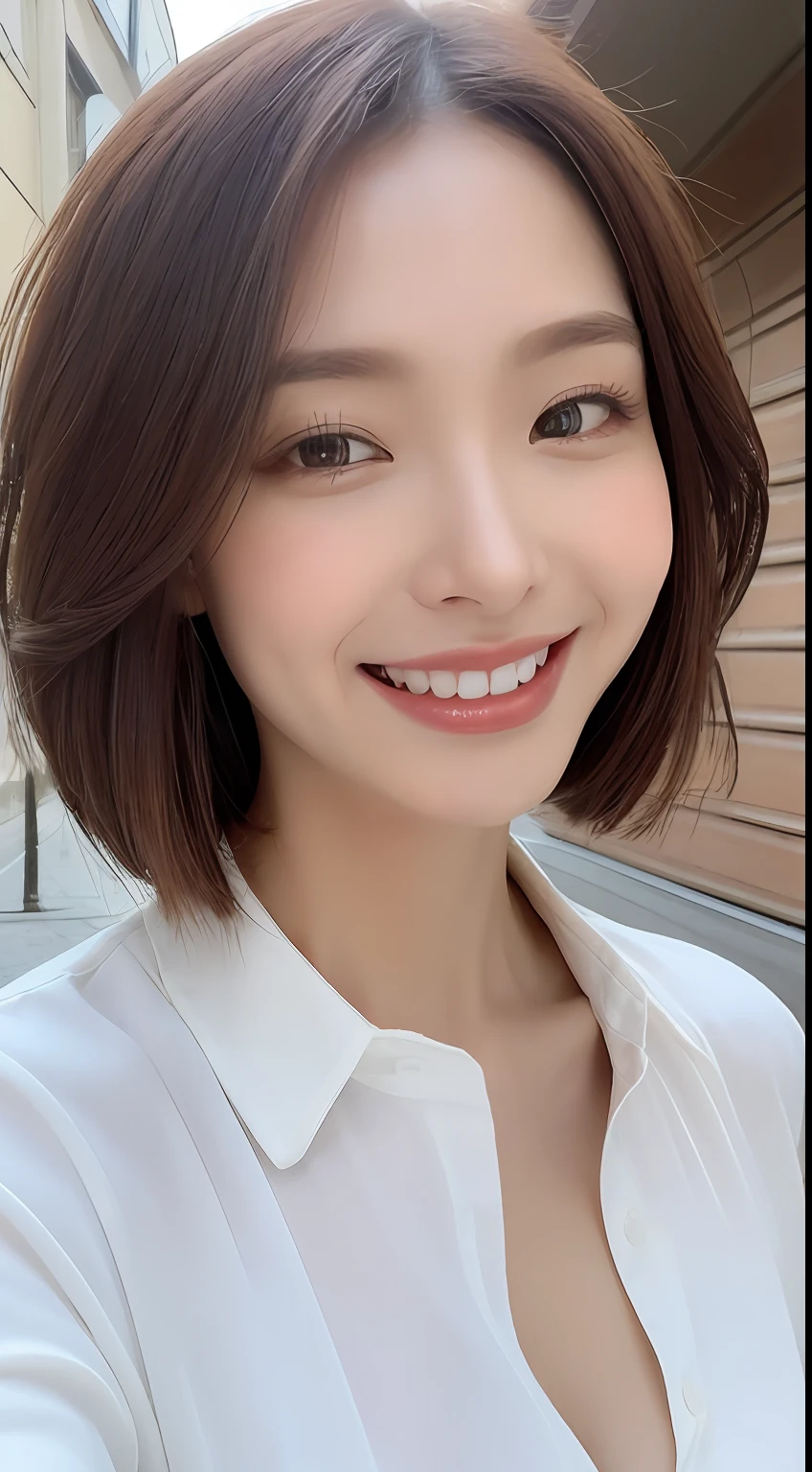 ((masterpiece)), ((Highest quality)), ((Complex)), ((Surreal)), (Realistic), (Mature Woman), ((There are no classes)), Very detailed, (1 female), Beautiful and exquisite, (Beautiful Teeth), Grin, Brunette Bob Hair, Brown eyes, ((blouse)), (Upper Body), (background:none), Perfect Eyes, Captivating eyes, Looking at the audience