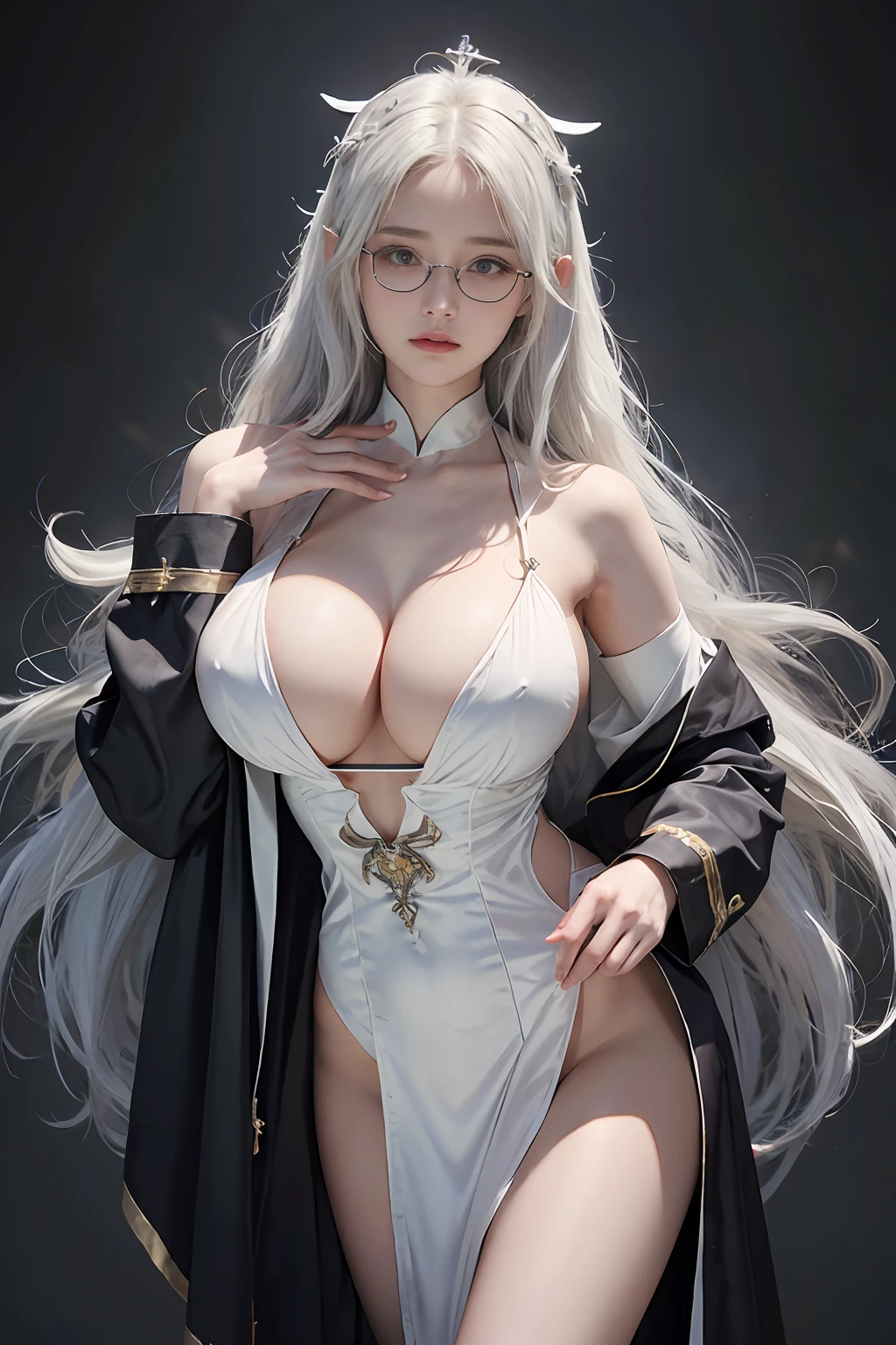 (Front Focus),Surrealist portraits of women by David Hockney and Alphonse Mucha,((ultra gigantic tits))、((Upper body naked))、( Exposed)、((association))、Priest、((Engaging pose))、Fantasyart、(Wearing glasses)、((Glasses woman))、((White wavy hair))、White hair、((Sexy priest style))、((Sexy Priest Costume))、((Sexy priest、priest's clothes))、Beautifully embroidered sexy priest costume,Decorated with fine embroidered priest's clothes and fine jewelry,photographrealistic,动态照明,art stations,poster for,Volumetriclighting,extra detailed face,4 k'',((Colossal tits))、With diamonds,Sexy thighs,exposing the abdomen ,Chest 1 Girl, In the Dark, deepshadow, low tune, Cowboy Shot,(official clothing:1.4), The eyes are confused and seductive,legs separated