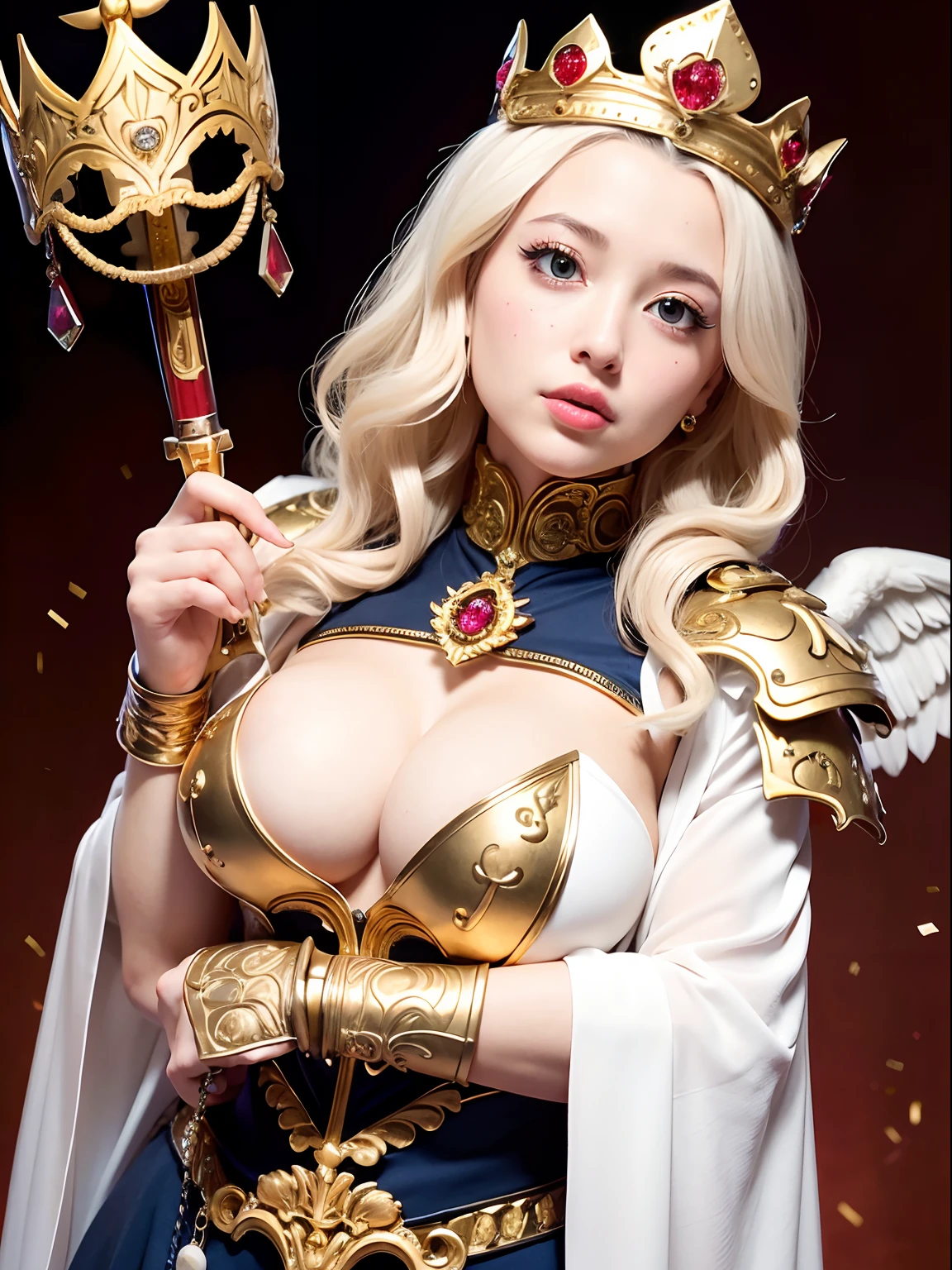 (masutepiece), Professional , masterpiece、top-quality、photos realistic , depth of fields (Gemstone Silver Metal Body:1.9),(Matte White、(Interior background of a luxurious castle)、Jewel Gold Weapon、(Flying in the sky),Gorgeous metal weapons,(Detailed and realistic angel white wings) , Detailed Sword of the Brave , Beautiful knife 、delicated face、20 years girl ,warhammer 40k , adepta sororitas,Detail and ornate jewel crown、a blond、(Gangle's forest background)、Beautiful Caucasian beauty、1a person、dynamic ungle,(((Detailed and ornate diamond crown)))、Smaller head、A smile、Powerful poses、Beautiful thin fingers of a woman、cleavage of the breast、