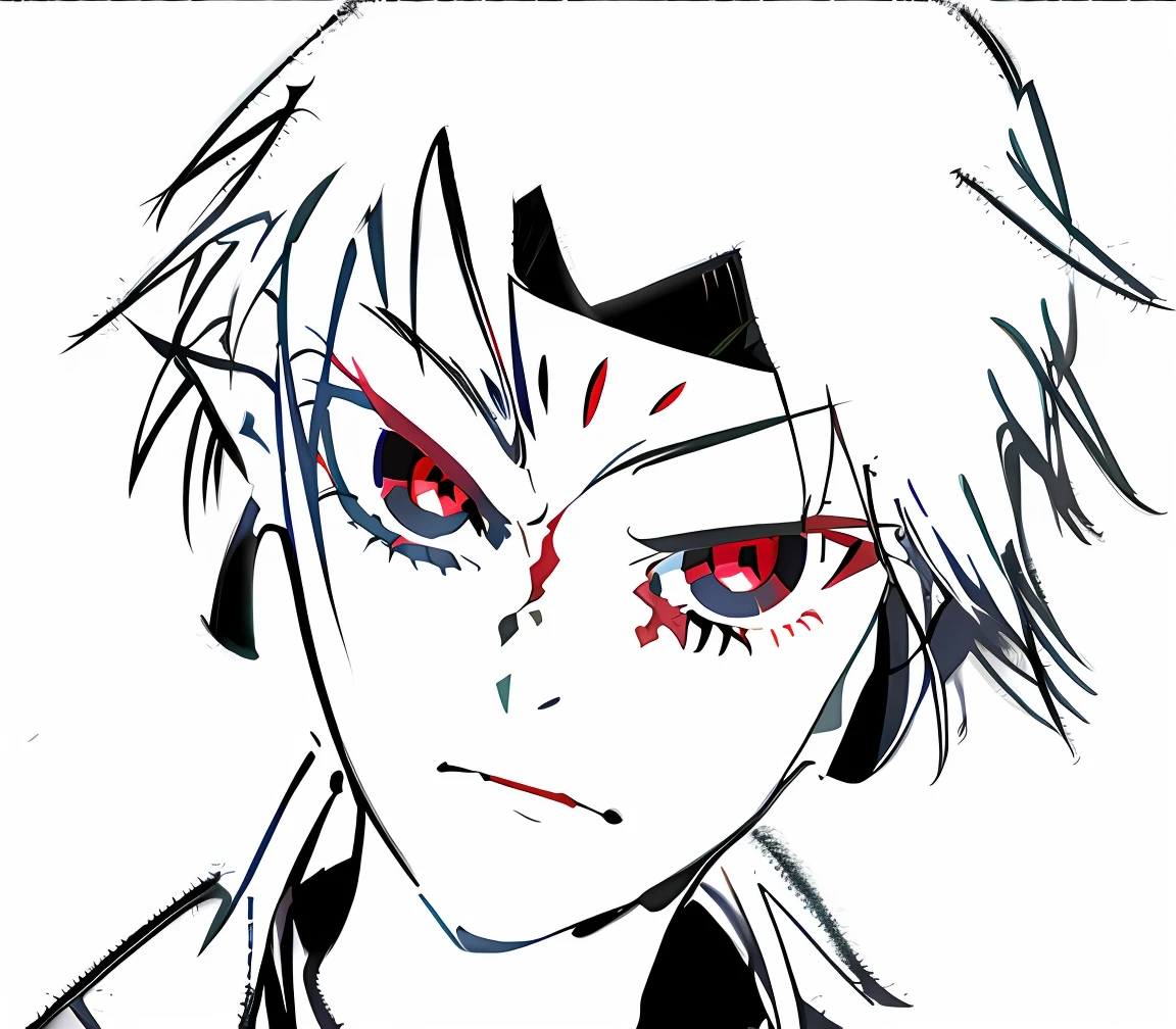 Anime characters with red eyes and black hair on white background, highly detailed angry anime face, with red eyes, with glowing red eyes, Sharp red eyes, fully red eyes, with red glowing eyes, with a red eyes, red - eyed, Red eyes, Bright red eyes, his eyes are bleeding intense, red - eyed, trigger anime artstyle, Detailed anime face