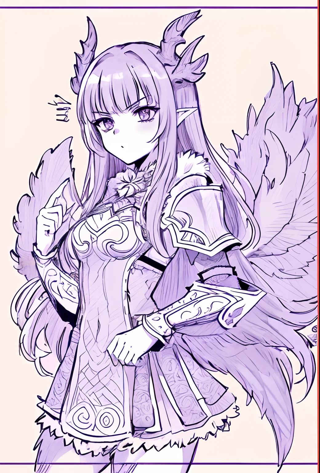 a drawing of a girl with horns and a purple dress, anime monster girl, complex fantasy character, long haired humanoid fursona, a humanoid thistle monster, natalie from epic battle fantasy, as a badass monster hunter, fantasy drawing, colored lineart, purple ancient antler deity, chibi monster girl, inka harpy girl, wearing intricate fur armor