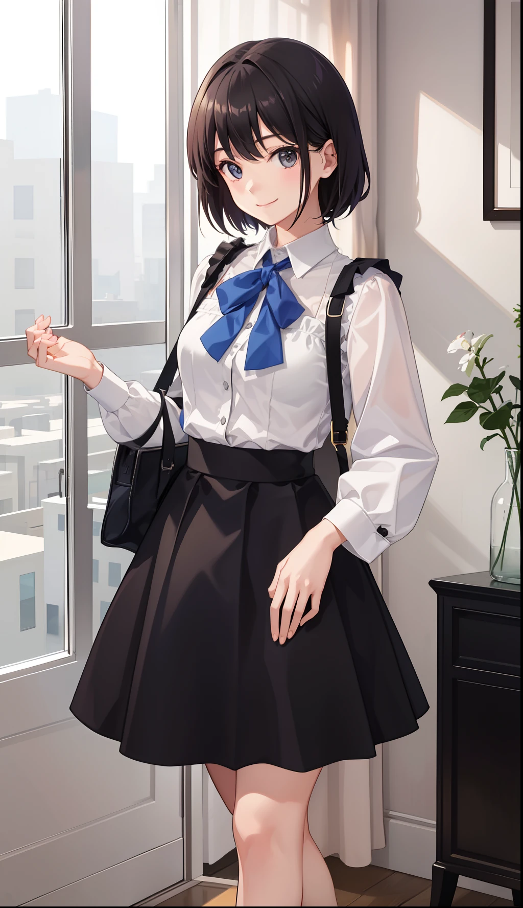 1girl in、A smile、A delightful!、The shirt、pleatedskirt、(small tits)