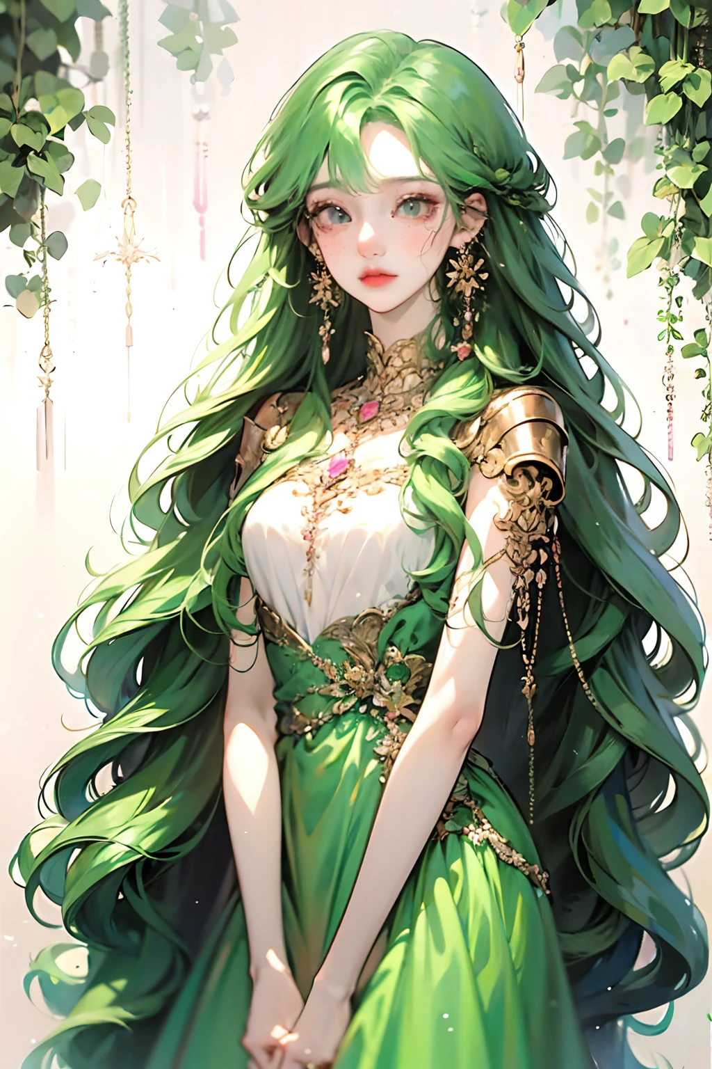 Anime girl posing for photo with long green hair and earrings, an anime drawing inspired by Yanjun Cheng, Pisif, Fantasy art, green flowing hair, Long curly green hair, Guviz, a beautiful anime portrait, Guviz-style artwork, in the art style of bowater, Anime girl with long hair, green wavy hair, Beautiful anime style