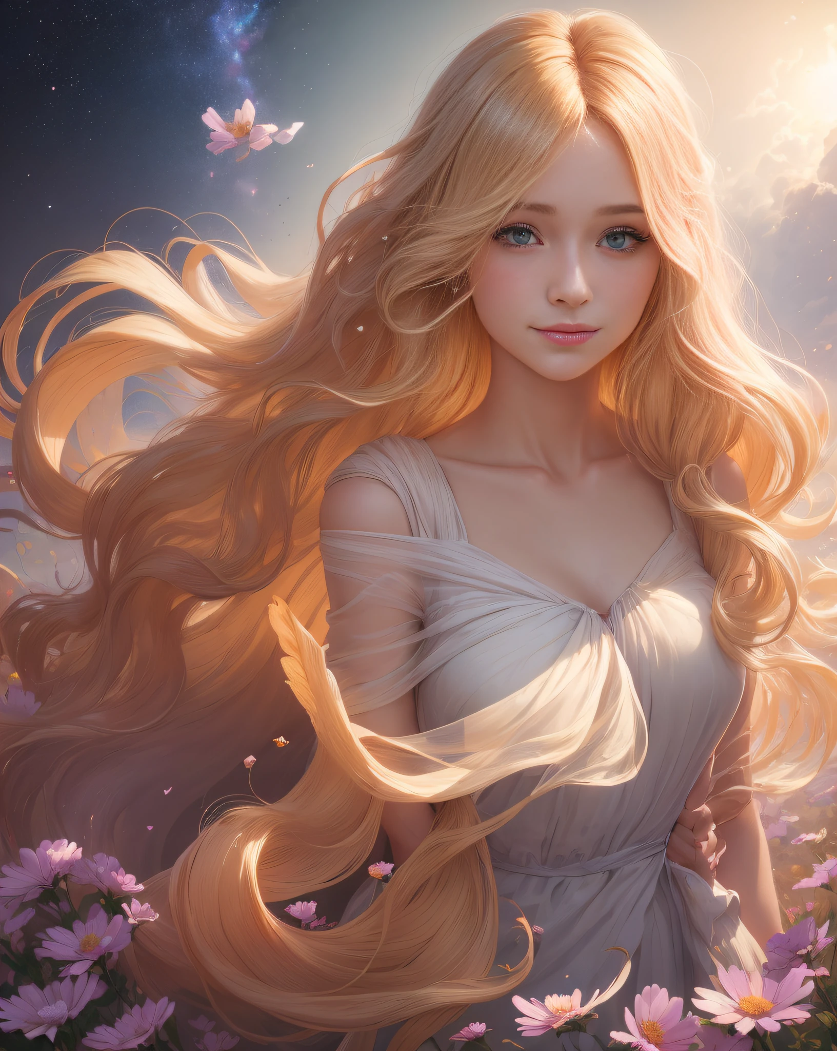 (best quality, masterpiece), young woman, pose, slight smile, particles, wind, flowers, upper body, simple background, looking at viewer, long curly windblown blonde hair, galaxy,backlit,rimlight,beautiful artwork,perfect composition