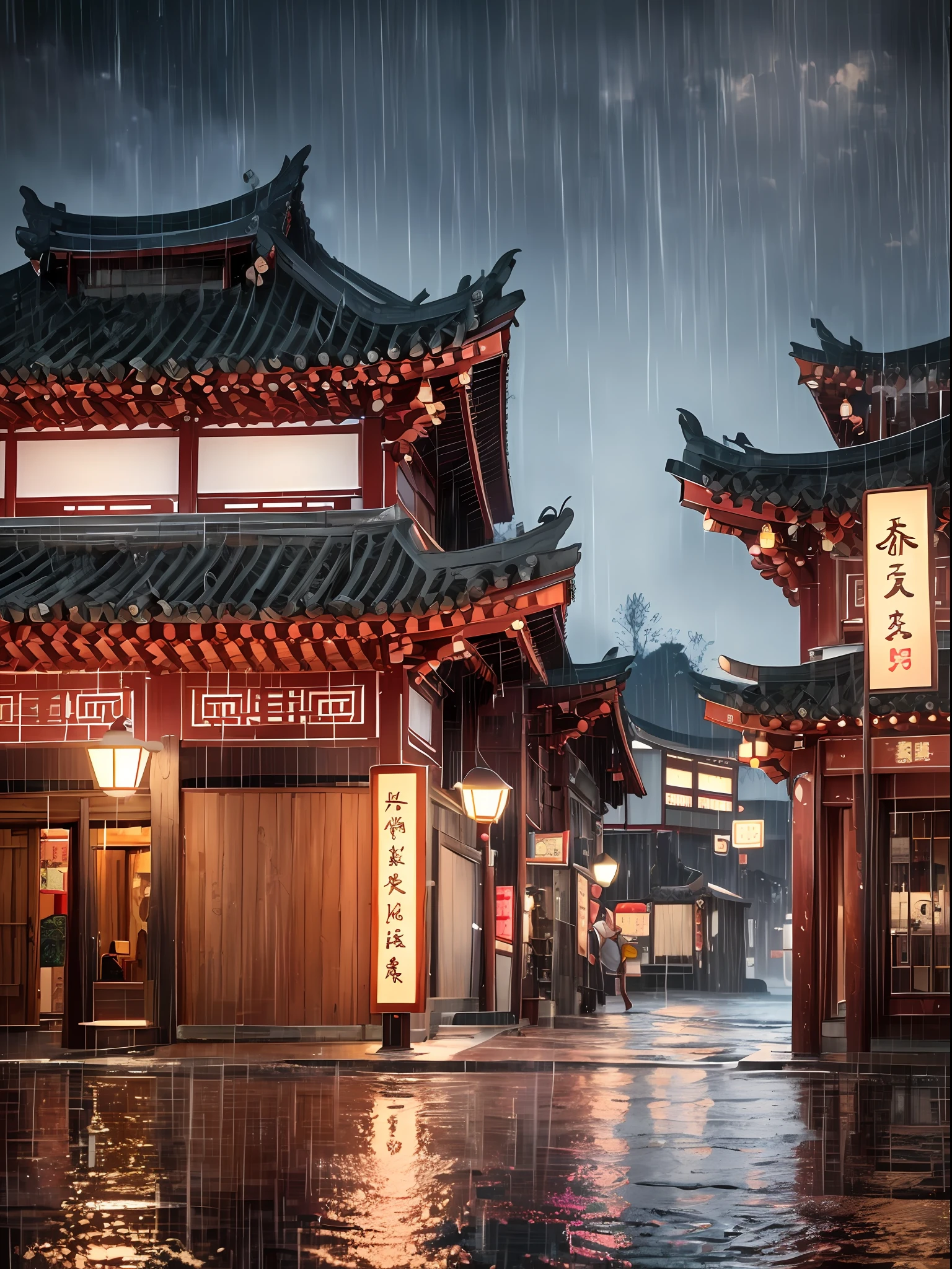 arafed view of a village with a lot of lights on the buildings, dreamy chinese town, chinese village, amazing wallpaper, japanese town, japanese village, hyper realistic photo of a town, old asian village, japanese city, by Raymond Han, rainy evening, cyberpunk chinese ancient castle, beautifully lit buildings, at evening during rain, beautiful and aesthetic, photography, cinematic, 8k, high detailed ((Heavy rain)))