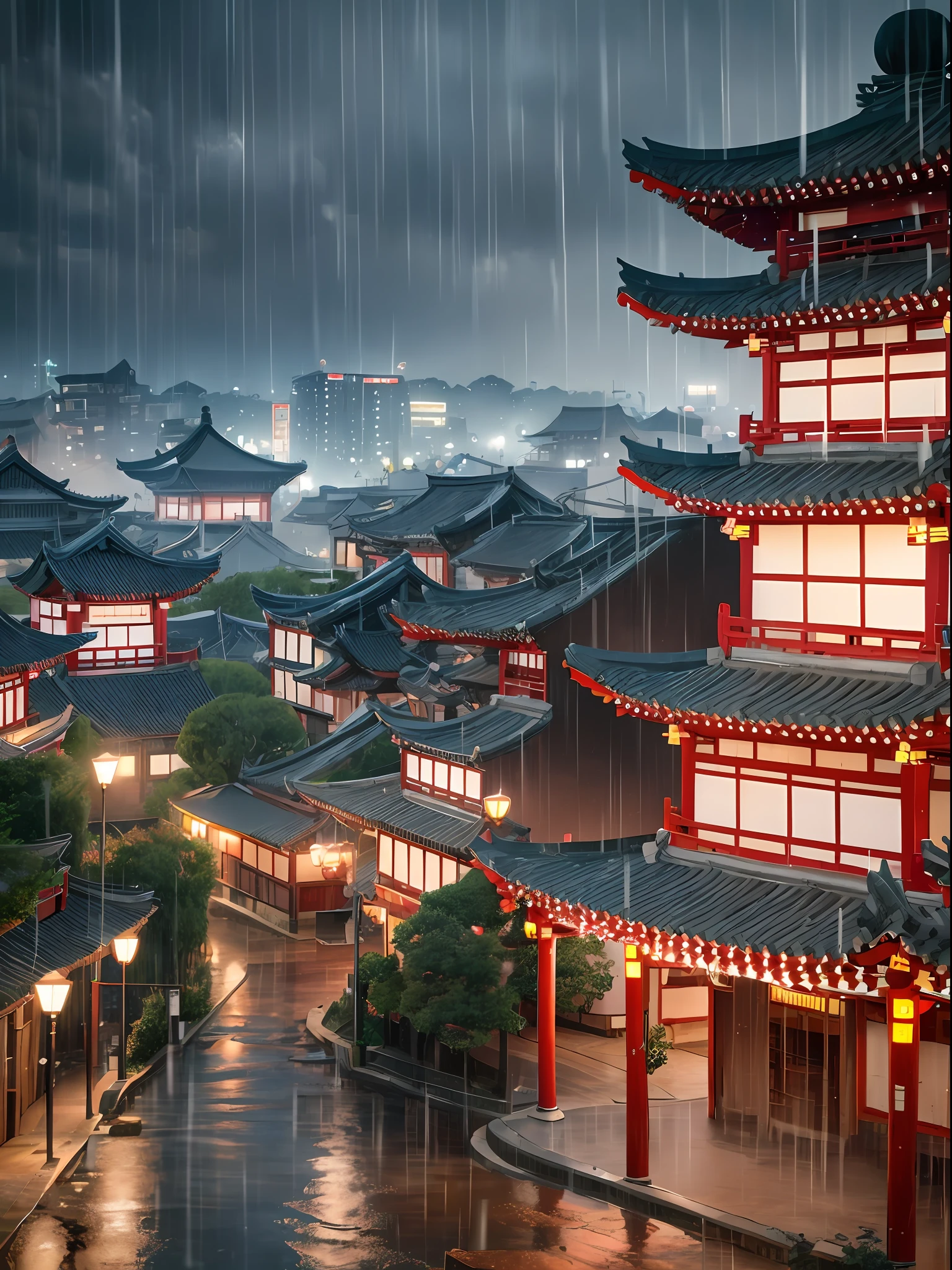 arafed view of a village with a lot of lights on the buildings, dreamy chinese town, chinese village, amazing wallpaper, japanese town, japanese village, hyper realistic photo of a town, old asian village, japanese city, by Raymond Han, rainy evening, cyberpunk chinese ancient castle, beautifully lit buildings, at evening during rain, beautiful and aesthetic, photography, cinematic, 8k, high detailed ((Heavy rain)))