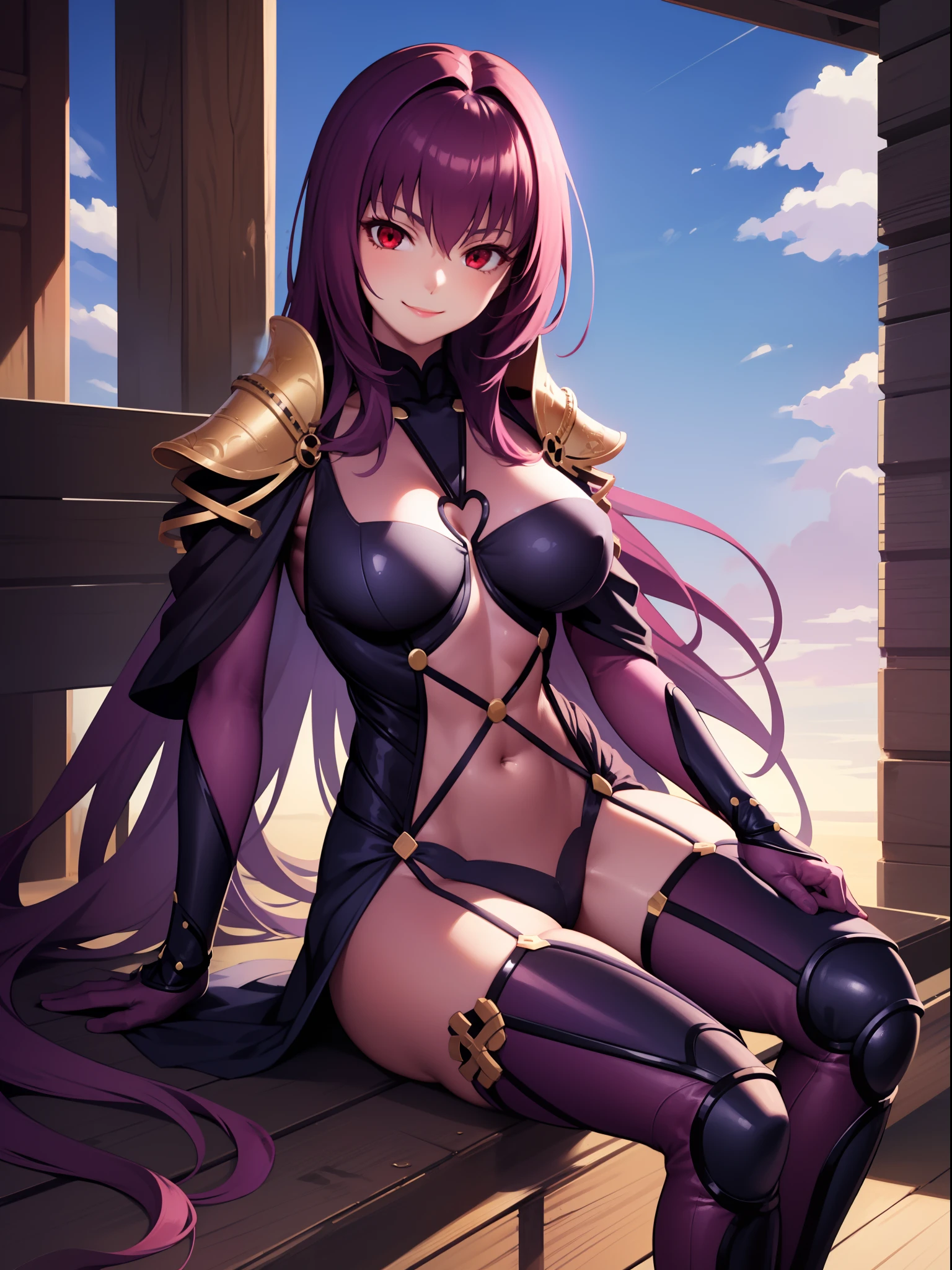 masterpiece, best quality,1girl,solo, scathach \(fate\),purple hair,red eyes, armor, shoulder armor, bodysuit,sitting,smile