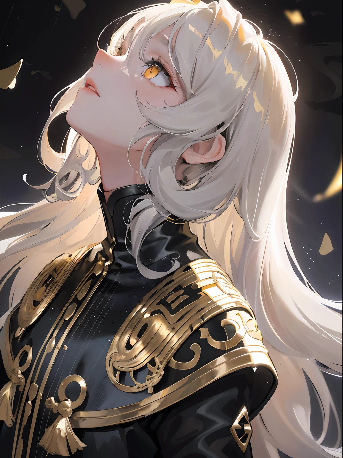 1woman, drenched white long wavy hair, swept bangs, ((golden eyes looking up at the sky)), black clothes, raining, head tilted up to look up into the dark sky