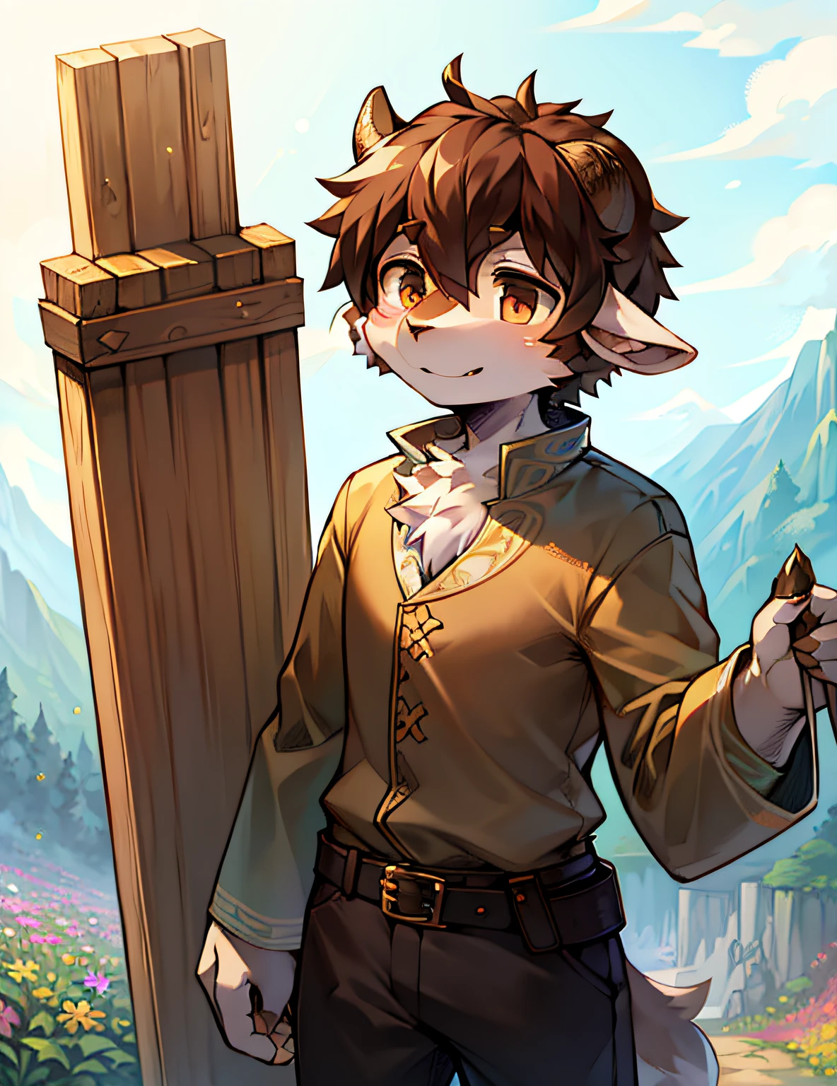 ((Solo)), charming scene of a (furry anthro) (goats_Boy:1.5),(brown_fur:1.5),
The furry goat boy has a short man, messy hair style,The light brown hair matches the color of his fur. His fur is soft, Fluffy, milkyW,Light brown spots on the arms and legs. He has little, Round ears,The tip has light brown tufts of hair. His big, Clear eyes are shades of light blue,And with a noticeable flash, Give him an innocent and charming expression.
His hands were soft, There is white fur on the back,There are light brown pads on the palms of the hands,Curta, Blunt claws,Perfect for holding his cane. He stood on a lush green hill,The background is a clear blue sky。, Small wildflowers are scattered around him. His shepherd's costume included a light brown tunic, Brown pants, and brown boots. He wears a brown belt around his waist,Used to secure his cane,There is also a small bag,Used to store his belongings。.
When he stood on the hill, and he looked into the distance, Lost in thought, with a gentle smile on his face. The warm and soft light gives him a gentle and serene look, Steady diffusion AI captures every detail, From the soft fur to the intricate details of the garment.
(Fluffy_goats_hooves), (goats_horn),Fluffy_litte_goats_Tail,standing on a hill, overlooking valley, Detailed_Fluffy_fur,tuft,(Body_fur),oil_skin,(skin_with_Fluffy_fur),(Animal_nase),Animal_Ear_vellus hair,Fluffy_clawed paws,clawed paws,Animal_hand,Flowers, ((Cute, Innocent, Detailed face, Big round eyes)), Warm and soft lighting, 8K, sfv, Spring, serene, hires, Wear shepherd's clothes,Wearing a straw hat and a walking stick, standing on your feet,Cross one leg over the other, Look at something in the distance, At the same time hold a cane in one hand,The other hand holds a hat, As if lost in thought.