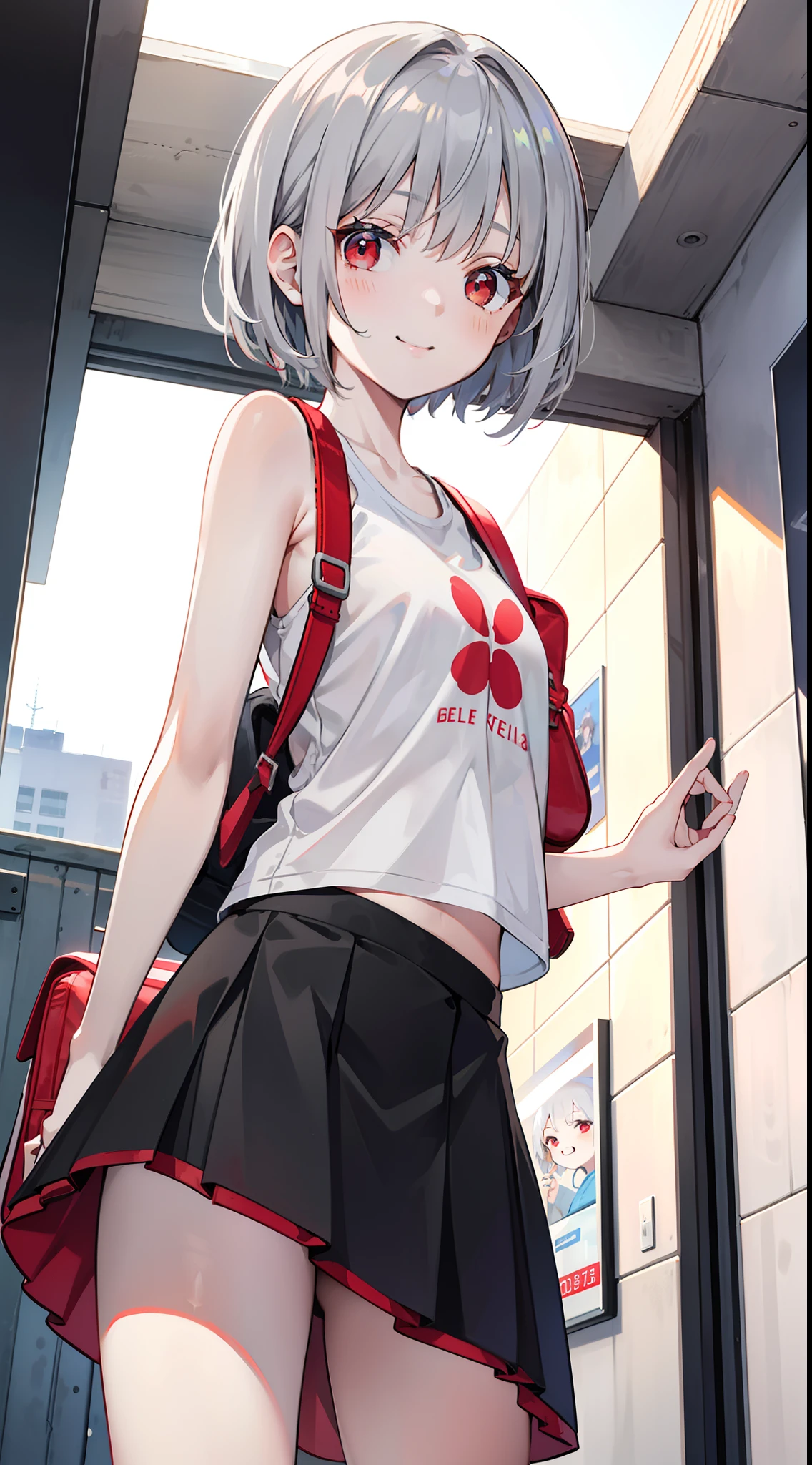 young girl, short gray hair, red-eyes, white tanktop, Upskirt, ssmile, backpack, stocklings, Masterpiece, hiquality