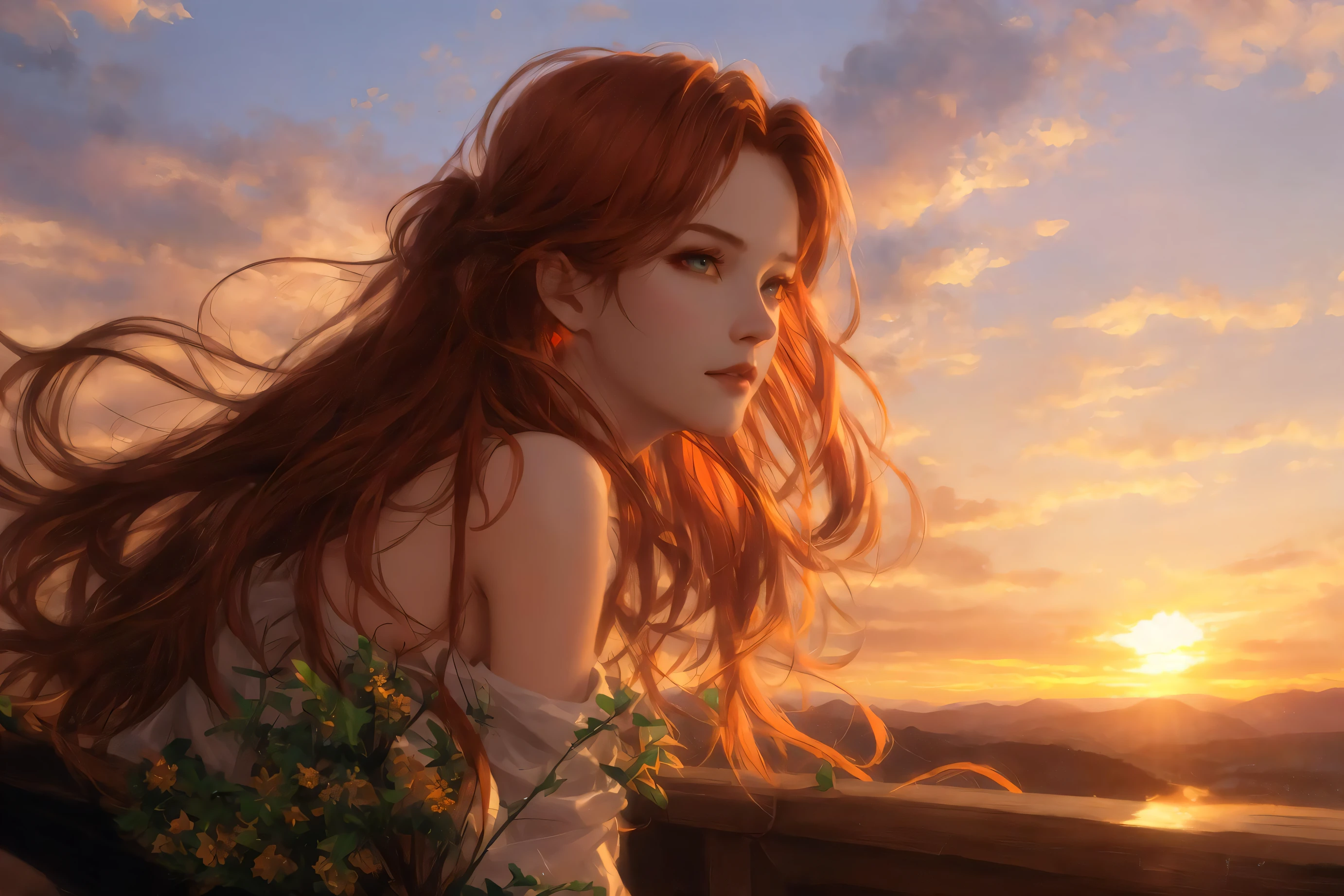 8k,(sexy:1.2), lingerie, portrait of a girl , (ginger hair:1.1), long hair blowing in the wind, green eyes, leaning with upper body on a medieval railing in front, head on hands, small village on a mountain below, (tiara) , longing look, contemplative, shot from below, particle effects, (sunset), medium breasts, Albert Lynch, J. C. Leyendecker, Ruan Jia, Gaston Bussiere, Alexandre Cabanel, WLOP, Masterpiece, volumetric lighting, hd, (chromatic aberration), detailed pupils, dual tone, fov, ((realistic)), (wlop), cowboy shot, (intricate), contrast, vivid colors, leaning forwards, mountains in background, (sunset:1.2), , (wlop, nixeu)