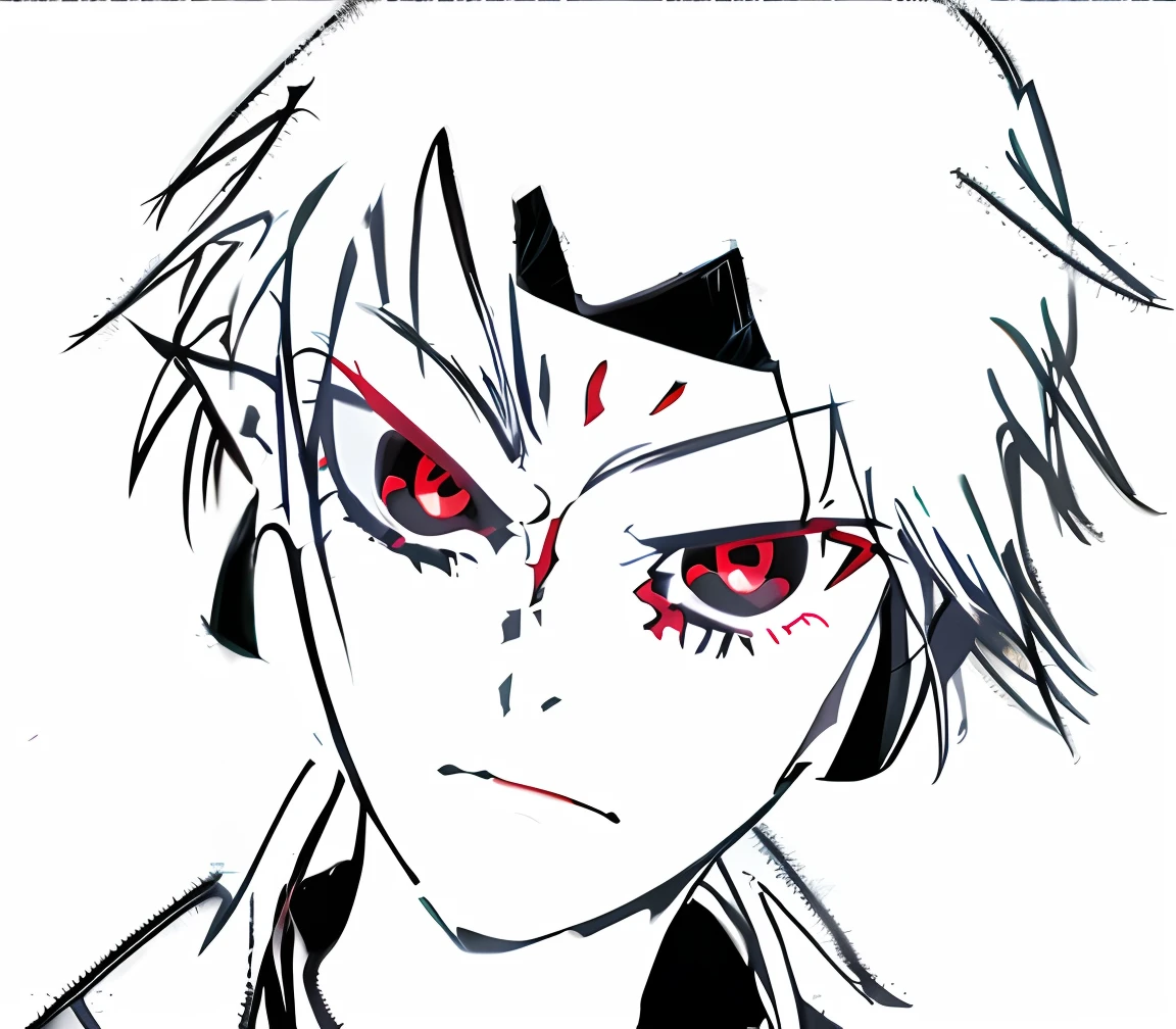 Anime characters with red eyes and black hair on white background, highly detailed angry anime face, with red eyes, trigger anime artstyle, with glowing red eyes, Detailed anime face, with red glowing eyes, demon slayer artstyle, 2 d anime style, fully red eyes, style of anime, Epic anime style, his eyes are bleeding intense, Sharp red eyes