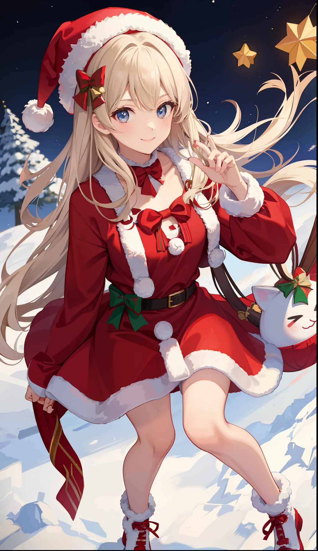 1 person, santa costume、skirt、17 years old、beautiful girl、Navel exposure、lots of snow、night、Full body Esbian、Are standing、knee high boots、Viewer-facing、(big breasts:0.5)、shiny skin