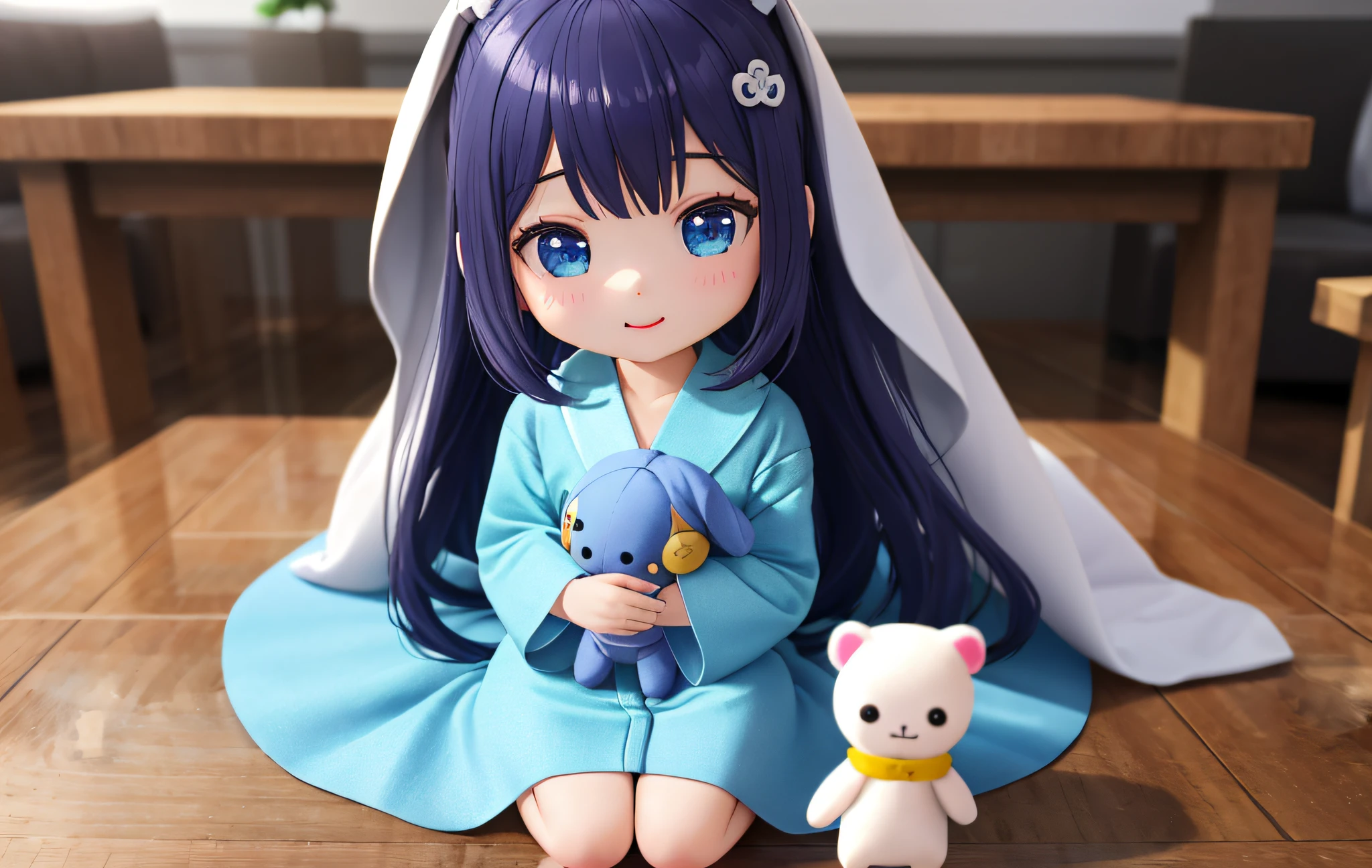 Pop Mart Blind Box IP、Cute blue robe doll close up、Young One Angel Style、Wear longer, Fluent clothing、Lop style、Poseline doll、Little people々々。unreal enginee 5、Light 3D/C4D production: 8K HD quality/illuminating/Ultra-fine lens description 1.5、flawless、Chibi Background/Cinematic。