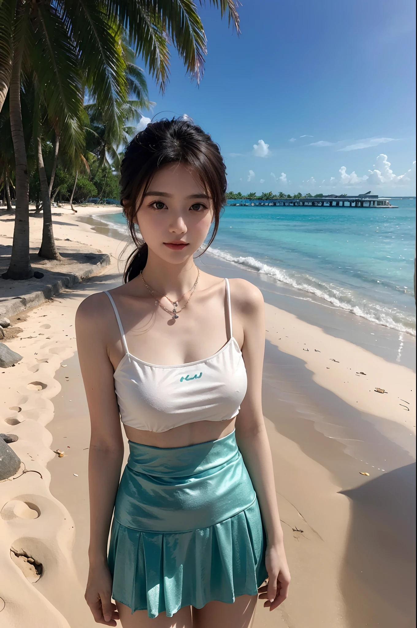 Best quality at best,Original,tmasterpiece,超高分辨率,Sweet girl,Draped with hair,Necklace necklace,Sun-protective clothing,camisole,short skirt,medium boob,Maldives,Seaside,healed,