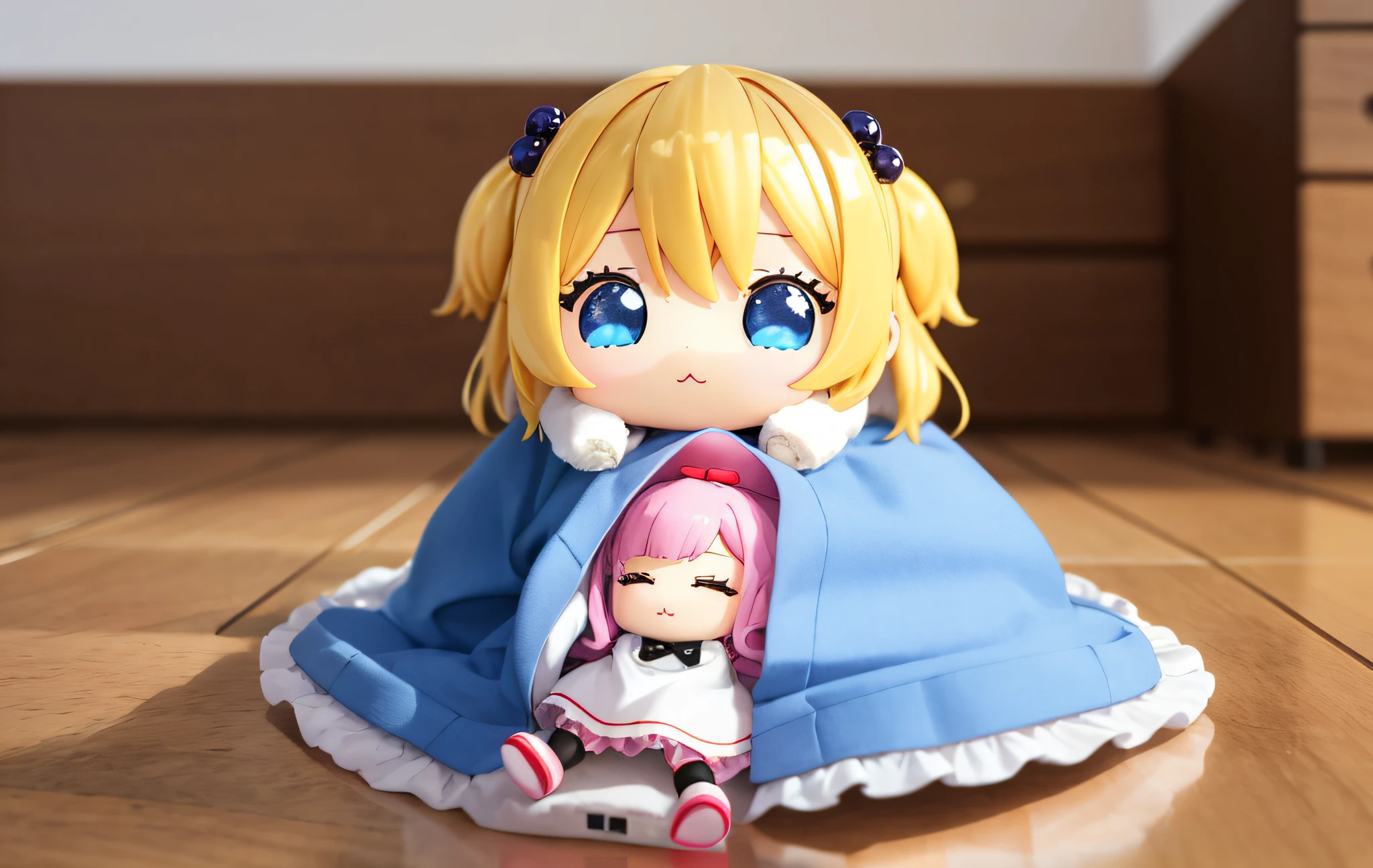 Pop Mart Blind Box IP、Cute blue robe doll close up、Young One Angel Style、Wear longer, Fluent clothing、Lop style、Poseline doll、Little people々々。unreal enginee 5、Light 3D/C4D production: 8K HD quality/illuminating/Ultra-fine lens description 1.5、flawless、Chibi Background/Cinematic。