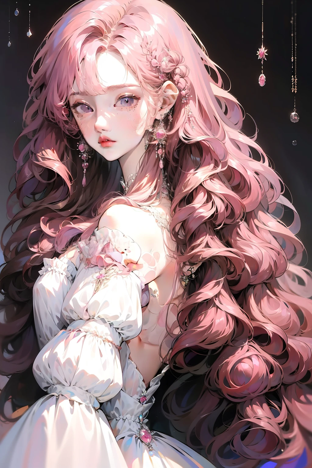 Anime girl posing for photo with long pink hair and earrings, an anime drawing inspired by Yanjun Cheng, Pisif, Fantasy art,Pink flowing hair, Long pink curly hair, Guviz, a beautiful anime portrait, Guviz-style artwork, in the art style of bowater, Anime girl with long hair, Pink wavy hair, Beautiful anime style