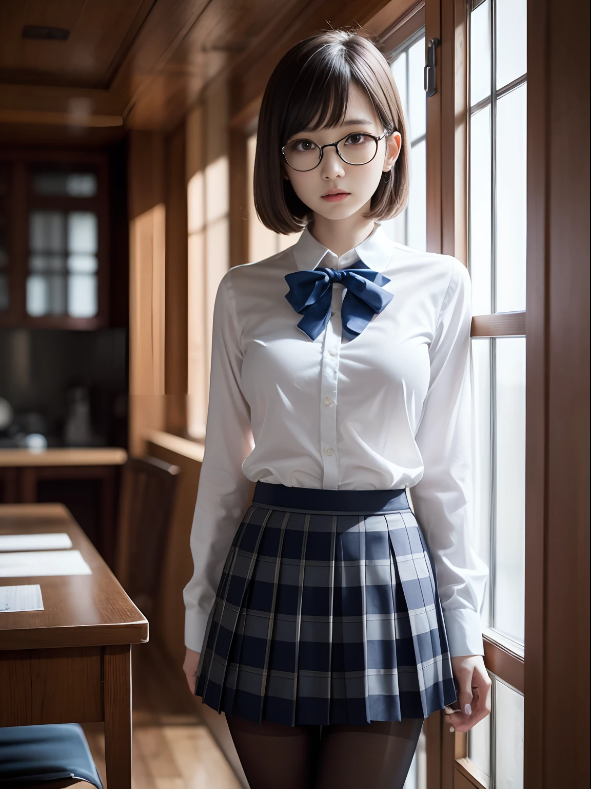 (Long bob cut),(Underwear is visible),(8K、Raw photography、top-quality、masterpiece:1.2),pigeon chest,glamor,Chromo-white skin,cocky,School,watching at viewers,Looking at the front,Muchimuchi,High-pitched clothing,Erotic,Pupils,de pele branca,kne,((Black pantyhose)),absurderes,a small face,,Forehead visible,Bangs hanging from the left and right sides of the forehead,(a cold expression,Tight eyes,glares,Bullish,irate)、masterpiece,top-quality、超A high resolution,Raw photo,ren,Beautiful fece,One Person, 独奏,eye glass,,Dark look,Small breasts,fullllbody,Round glasses,JK school uniform,hi-school girl,A Japanese Lady,is standing,(Photorealsitic:1.37)、Photon mapping,Realistic、Beautie,Cute little face,Brown-eyed、Black socks、(Red bow tie)、Radio City、Physically Based Rendering、depth of fields、Blurry background、a picture,Body,beauty legs, Long legs, Thin leg,(Bangs are visible), hair, s lips, Blue_The eye, nosesoft,(Light blue shirt), (Navy and blue and white plaid pleated skirt), Knees are visible,Sheer clothing,, Thigh, Black cotton socks,Nogizaka Idol, 女優, Japanese ido