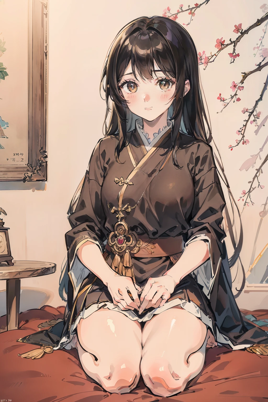 (tmasterpiece) , (best qualtiy) , (Realistis: 1.3) , realisticlying, rendering by octane, (hyper realisitc: 1.2) , Perfect feature, Modern everyday, (Female high school anchor blush live 1.5),(a matural female), Original, extremelydetailedwallpaper, highlydetailedillustrations, (1 rapariga) ,(best illuminate) , (ultra intricately detailed) , 4k unity, (Ultra-detailed CG:1.2) , (8K: 1.2),(Fluffy long brown hair 1.3),(Empty and godless black eyes 1.3),(Full body close-up 1.3),(Kneeling position 1.4),(Brown over-the-knee socks 1.4),(Barefoot 1.5)