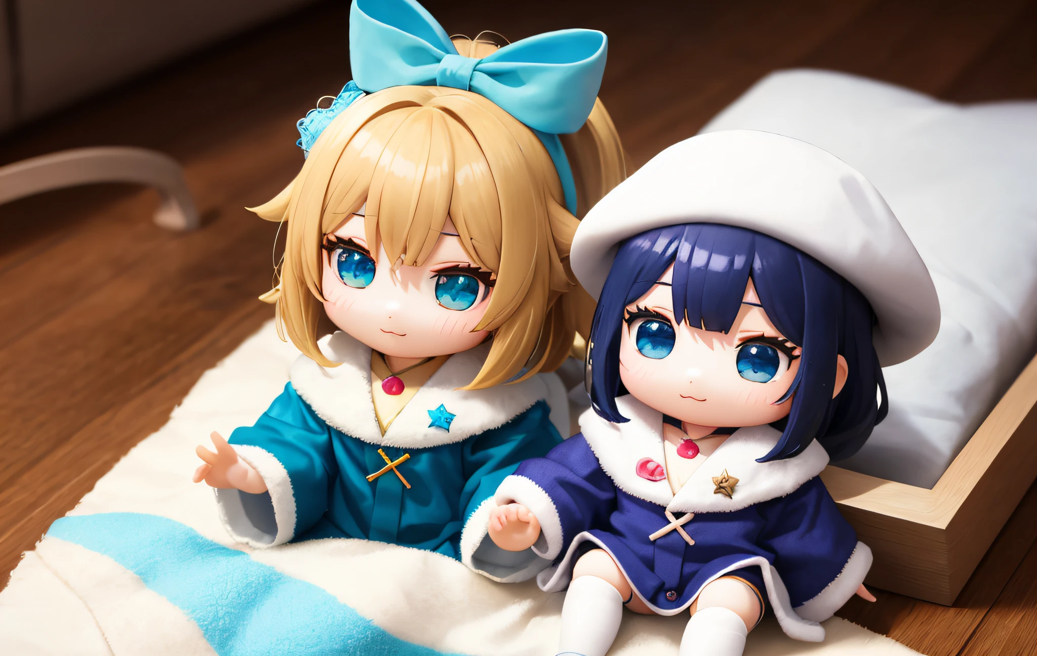 Pop Mart Blind Box IP、Cute blue robe doll close up、Young One Angel Style、Wear longer, Fluent clothing、Lop style、Poseline doll、Little people々々。unreal enginee 5、Light 3D/C4D production: 8K HD quality/illuminating/Ultra-fine lens description 1.5、flawless、Chibi Background/Cinematic。