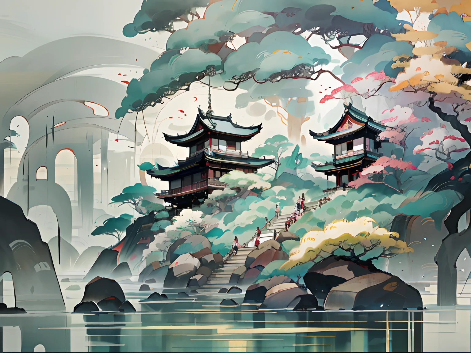 Chinese style landscape pastoral painting, ancient Chinese villages, old-fashioned architecture, landscape, pastoral, exquisite details, art, fractal art, gorgeous, (beautiful and exquisite: 1.2),