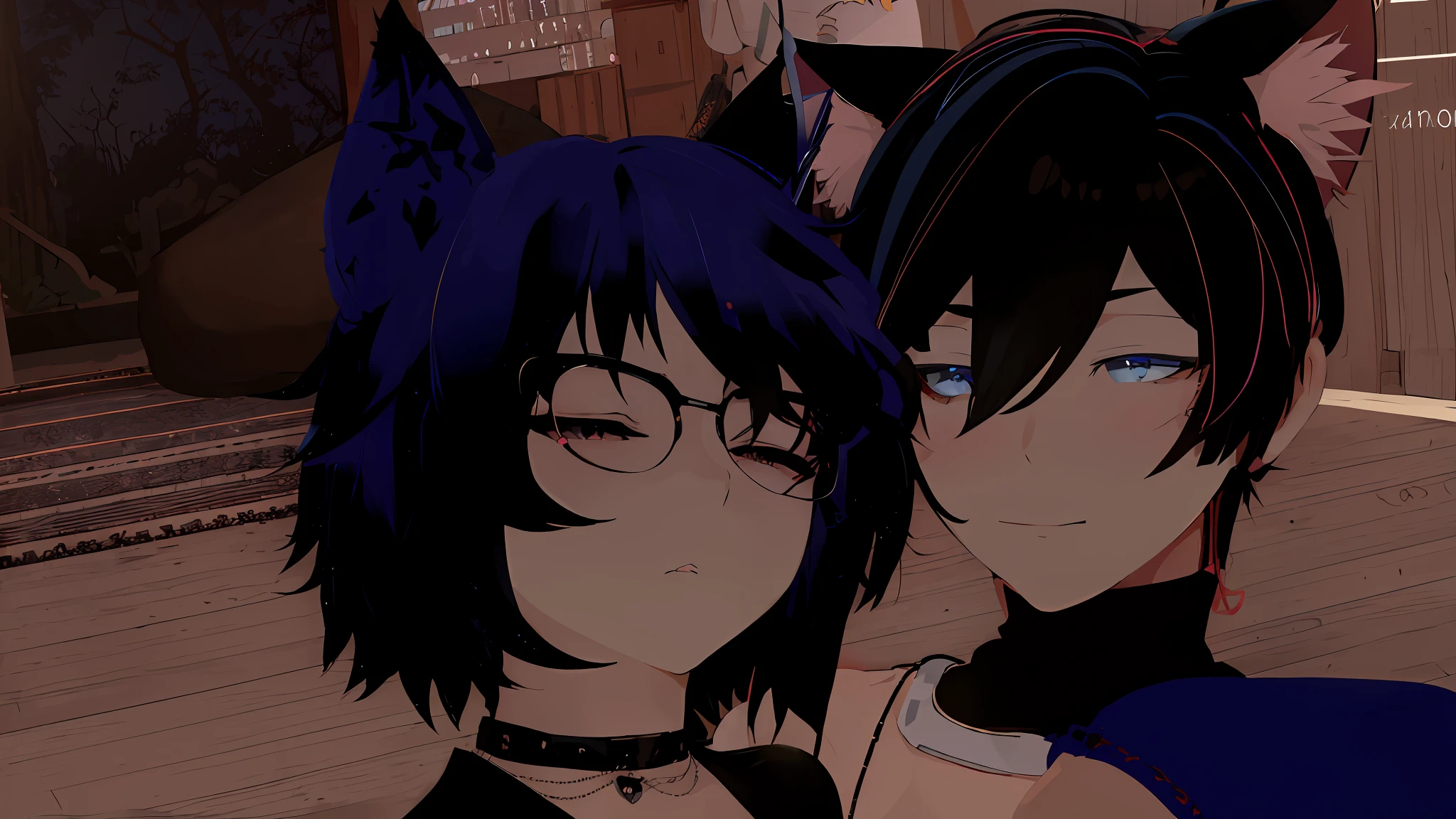 anime characters with black hair and blue eyes pose for a picture, vrchat, anime girl with cat ears, girl with cat ears, black hair black cat ears, one blue ) and huge bat ears, cat ears and cat tail!, cat ears, nekomimi, [[[[grinning evily]]]], very very low quality picture