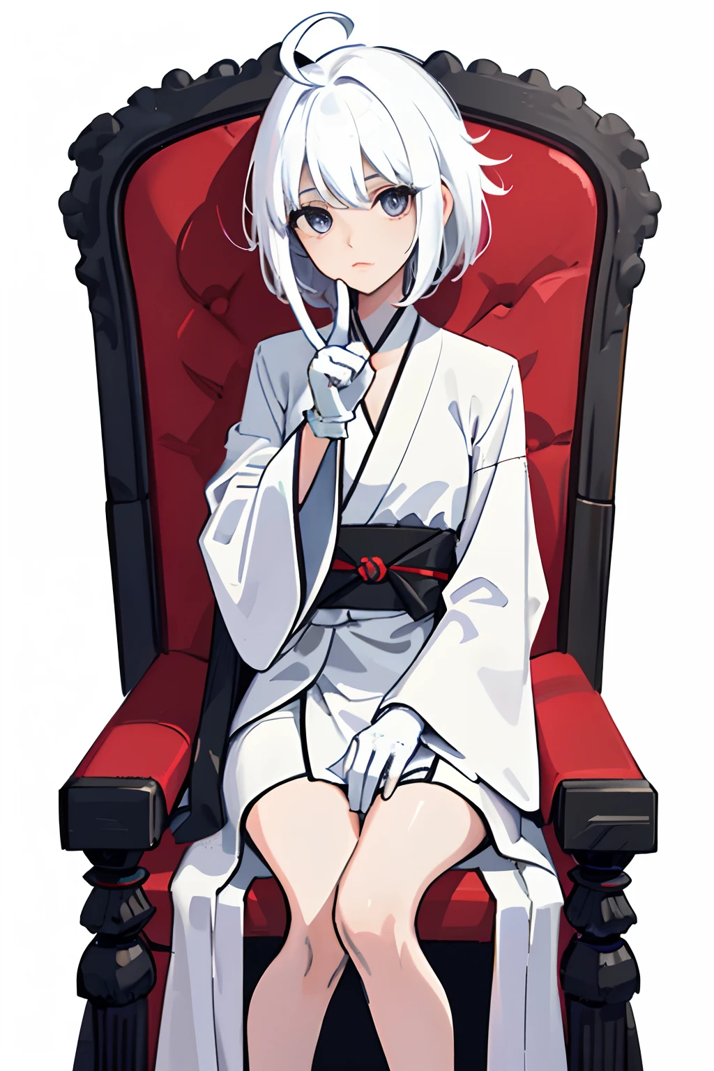 ((Masterpiece, Best quality)), (1girll), (Solo), (female focus), (ahoge, White hair, Short hair), Black eyes, ((long white robe)) standing, White background, arms back behind,In total, There are ten normal fingers,With white gloves,sit on chair,Delicate fingers