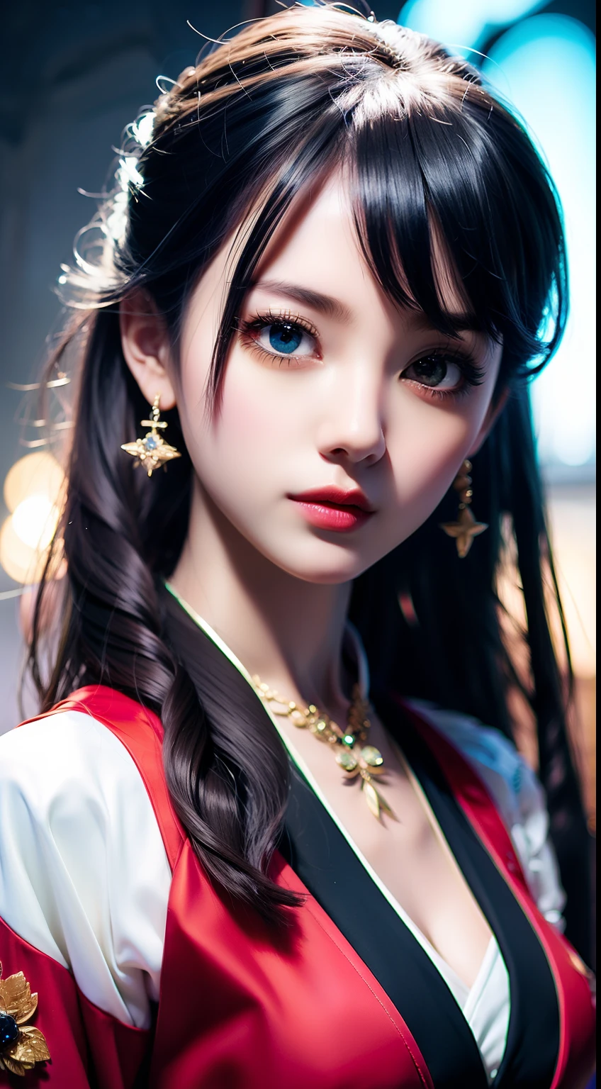 Black hair, , crescent hair ornament, Wide eyes, Black-colored eyes, Light smile, surrealism, Social realism, Verism, back lit lighting, lines of movement, Cinematic lighting, 8K, Super detail, Masterpiece, Anatomically correct, A high resolution，1girll，ChineseGirl，Hanfu，Chinese outfit