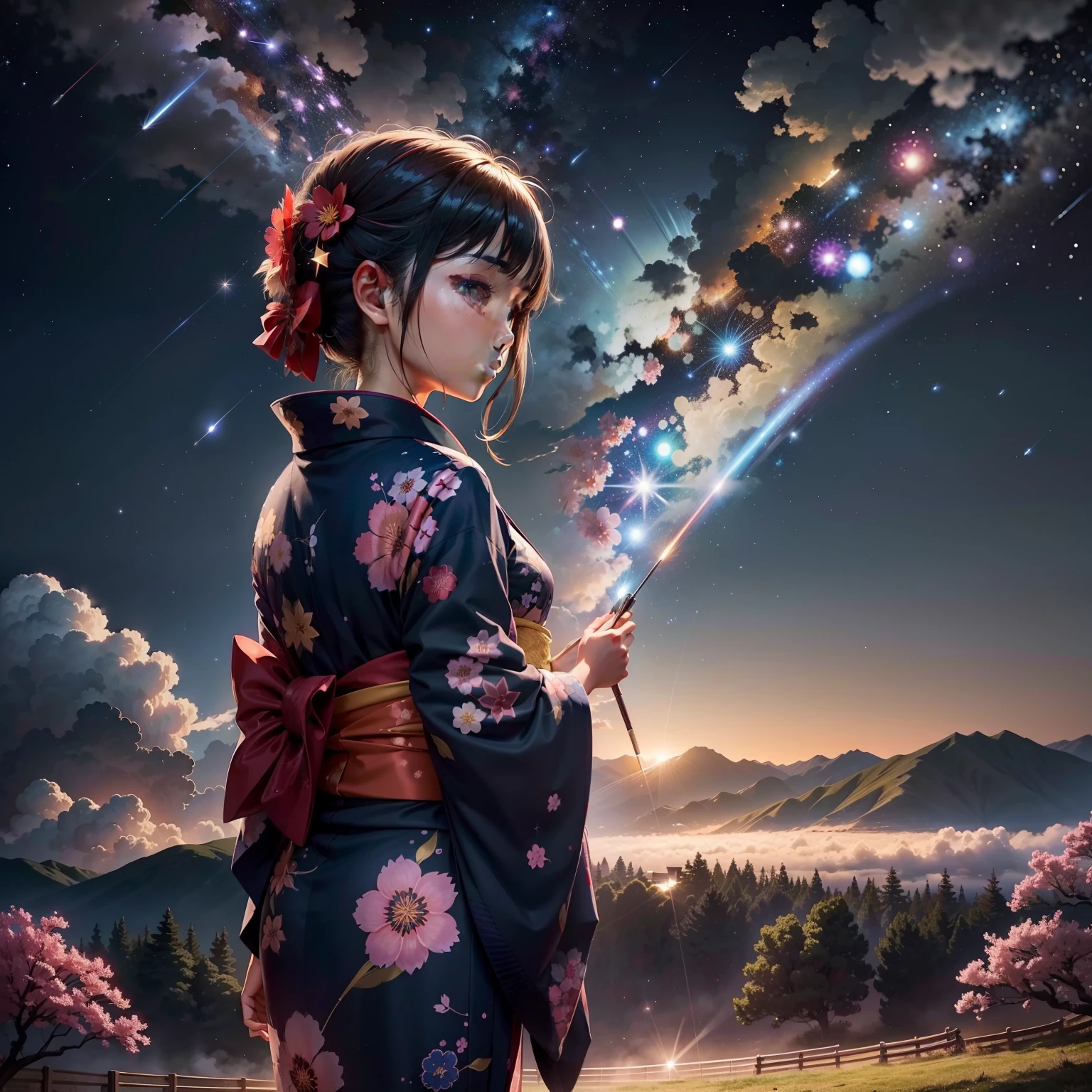 One, distant girl in kimono staring at the stars (reduced: 1.1), (meteor shower: 1.2), (comet: 1.1), your name, low angle, from behind, arrow labrealis shooting star, yukata, red kimono, cherry blossoms, highest quality standing in the field, masterpiece, clouds, colorful, starry sky, stars,