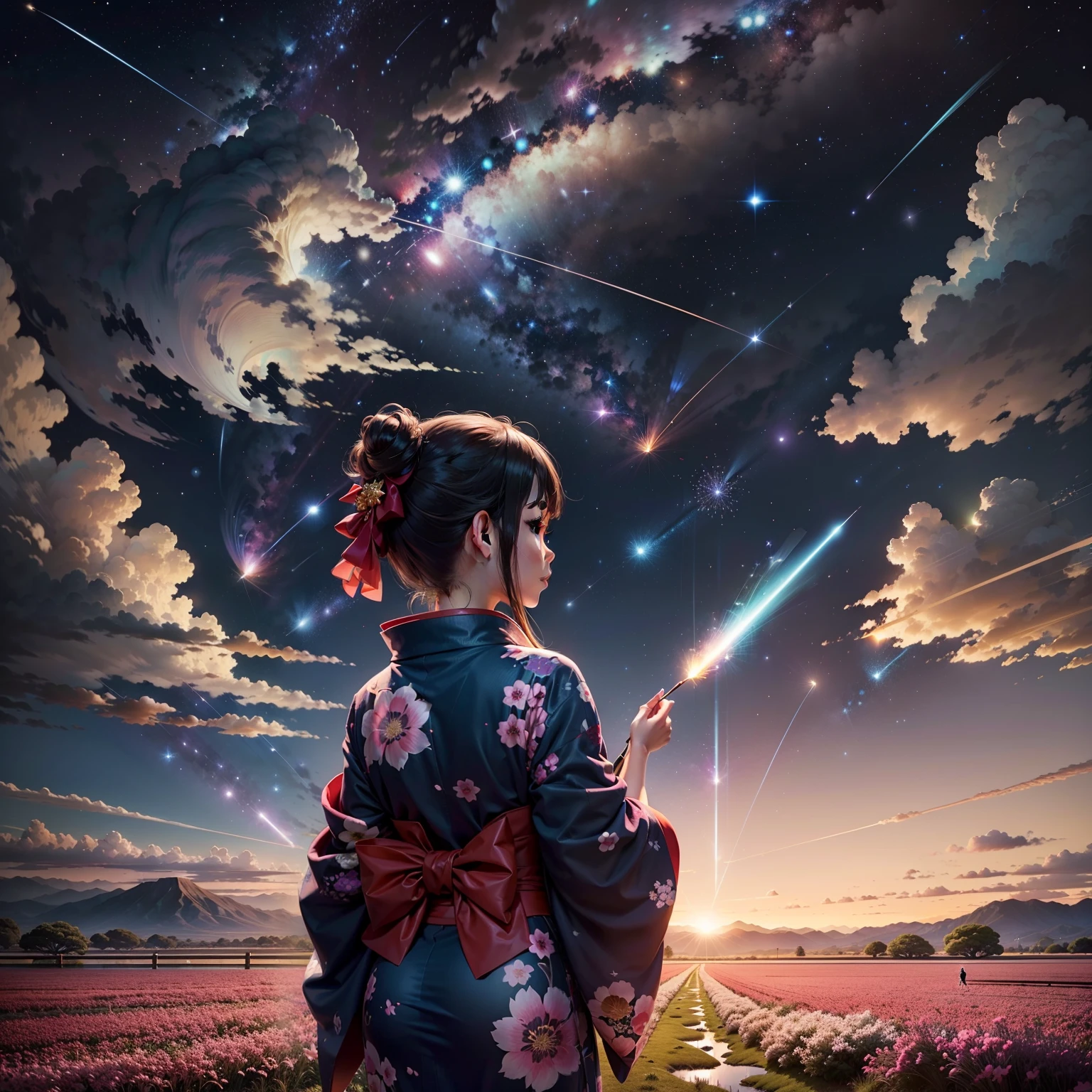 One, distant girl in kimono staring at the stars (reduced: 1.1), (meteor shower: 1.2), (comet: 1.1), your name, low angle, from behind, arrow labrealis shooting star, yukata, red kimono, cherry blossoms, highest quality standing in the field, masterpiece, clouds, colorful, starry sky, stars,