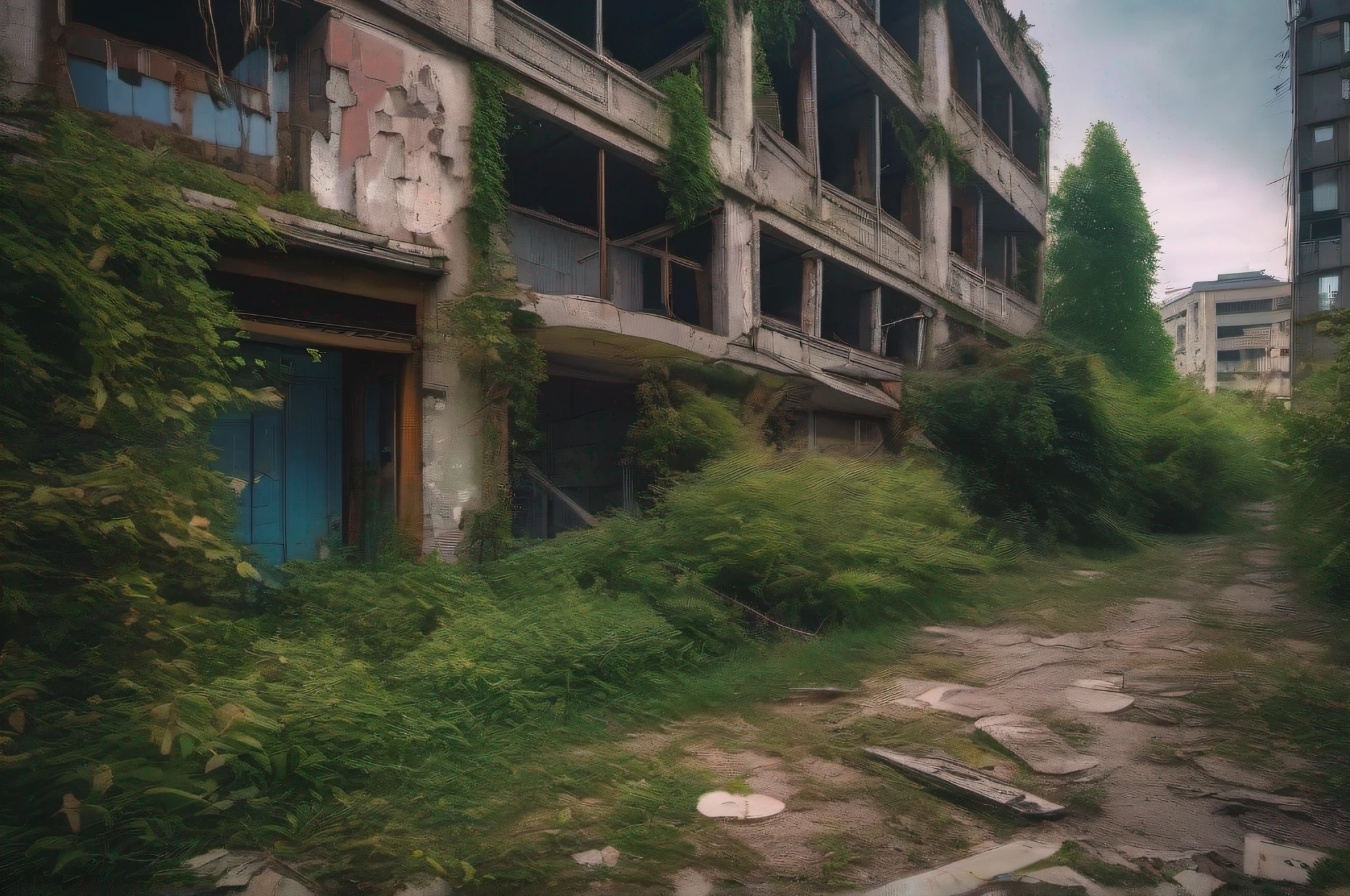 "Abandoned City, post-apocalyptic scenery, desolate and eerie atmosphere, crumbling buildings, overgrown vegetation, hauntingly beautiful, dramatic lighting, scattered debris, a sense of mystery and melancholy."