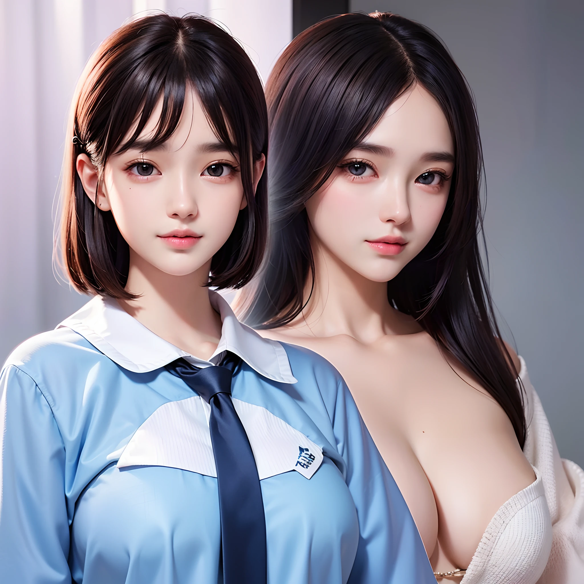 masterpiece, best picture quality, high quality, beautiful girl, Japanese, Japanese school girl, popular Korean makeup, detailed, swollen eyes, detailed eyes, detailed skin, beautiful skin, ultra high resolution, (reality: 1.4), very beautiful, slightly younger face, beautiful skin, slender, (ultra realistic), (illustration), (high resolution), (8K), (highly detailed), (best illustration), (beautifully detailed eyes), (super detailed), (wallpaper), (detailed face), looking at viewer, fine details, detailed face, pureerosfaceace_v1, smiling, facing straight ahead, light purple school girl uniform, ribbon shaped pink tie, short hair, facing straight ahead facing, angle from waist up, realistic photo, bright lighting, professional lighting, brown hair, background gymnasium, background color light blue,神原駿河、