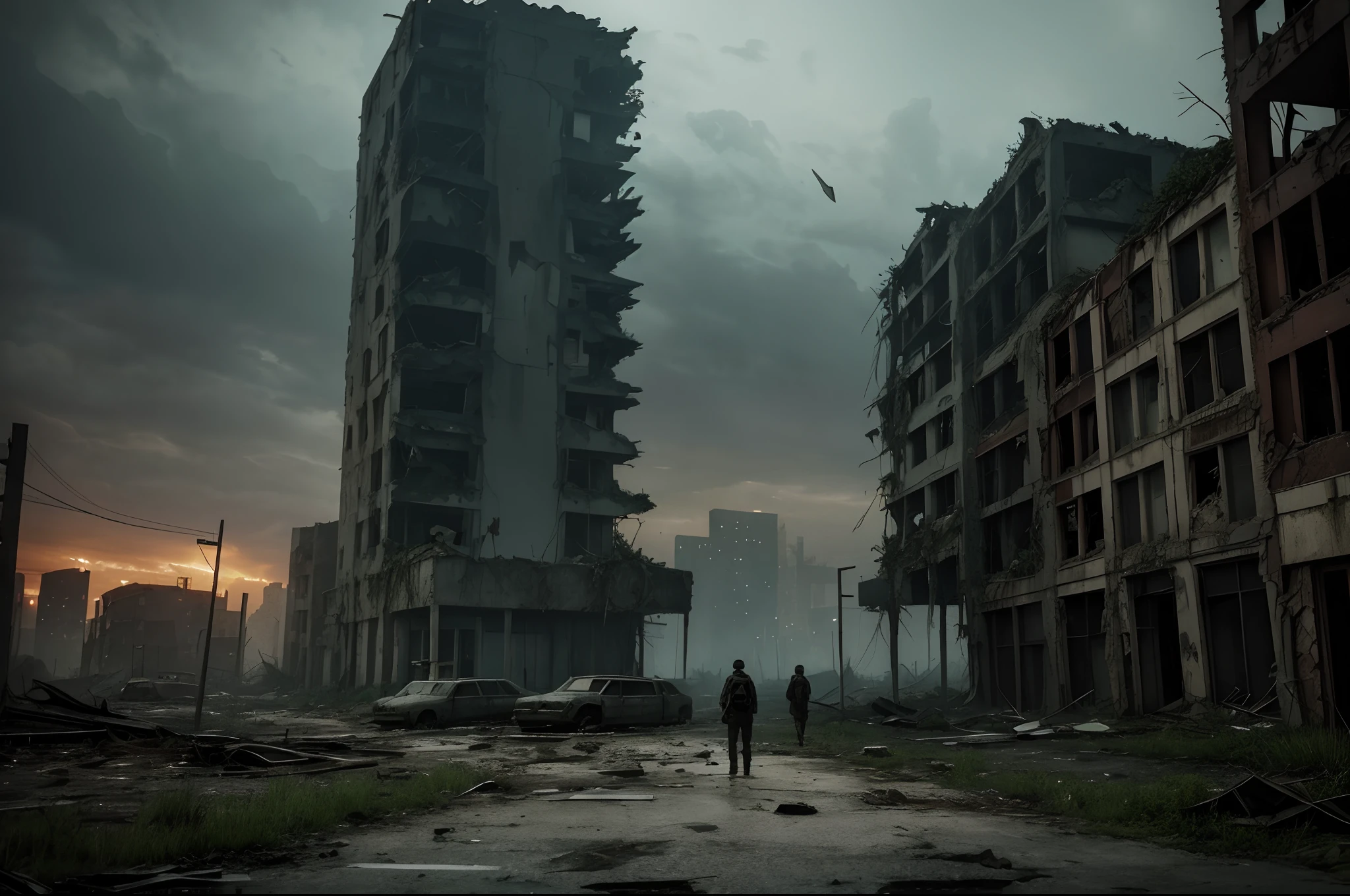 "Abandoned City, post-apocalyptic scenery, desolate and eerie atmosphere, crumbling buildings, overgrown vegetation, hauntingly beautiful, dramatic lighting, scattered debris, a sense of mystery and melancholy."