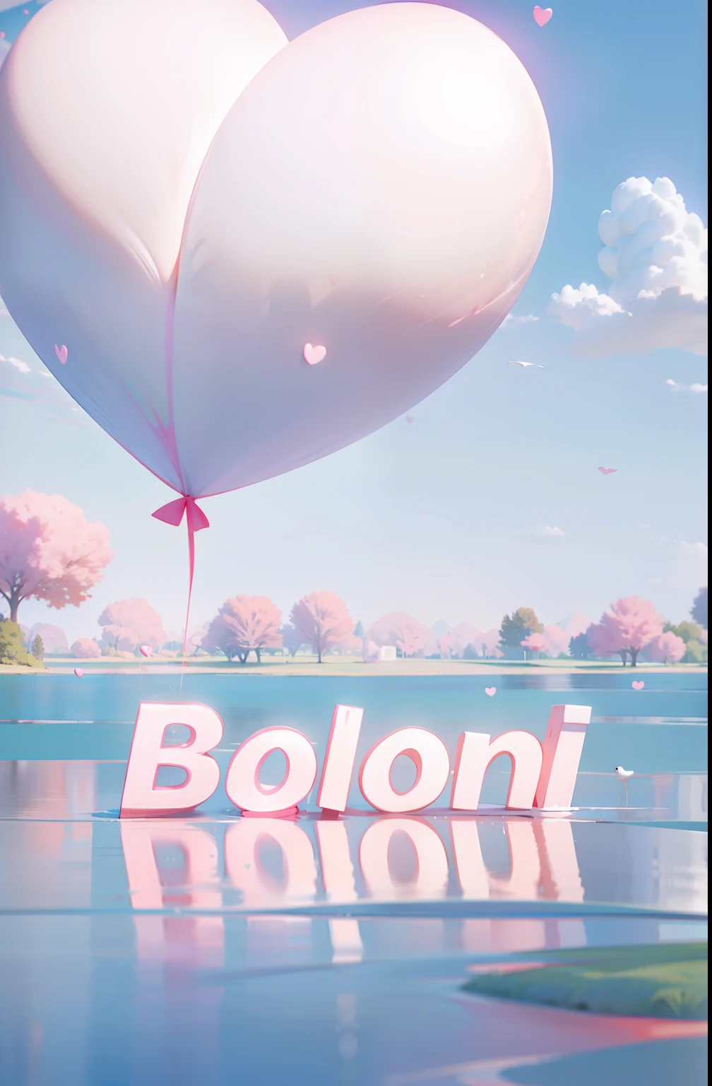 Anime scenery of pink swans floating in a lake with pink heart-shaped balloons, concept art of love, 3 d render beeple, trending on cgstation, 3 d render stylized, artem demura beeple, Beautiful digital artwork, recusion beeple, trending on artstation 4k, 🌺 CGSesociety