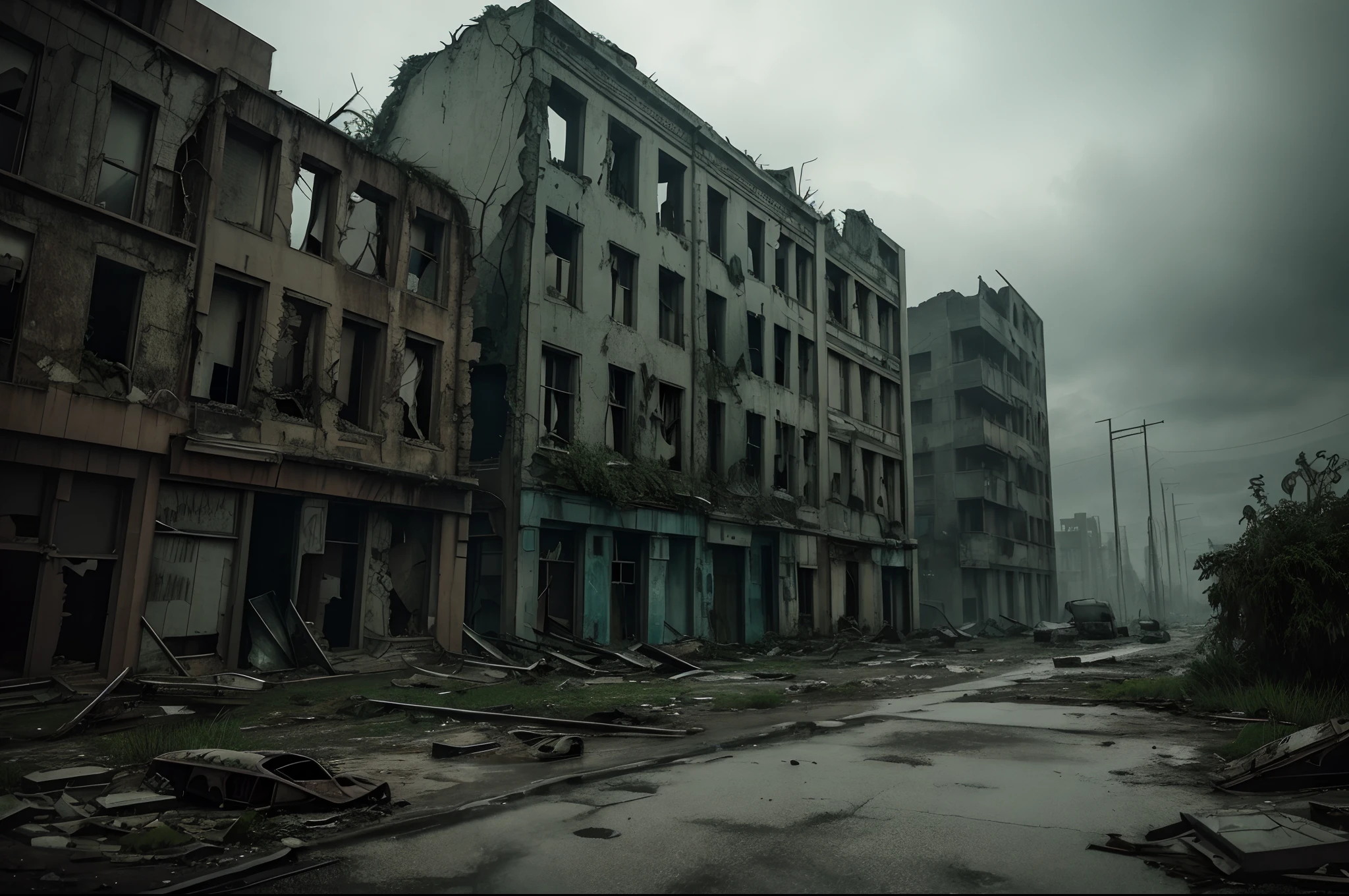 "Abandoned City, post-apocalyptic scenery, desolate and eerie atmosphere, crumbling buildings, overgrown vegetation, hauntingly beautiful, dramatic lighting, scattered debris, a sense of mystery and melancholy."