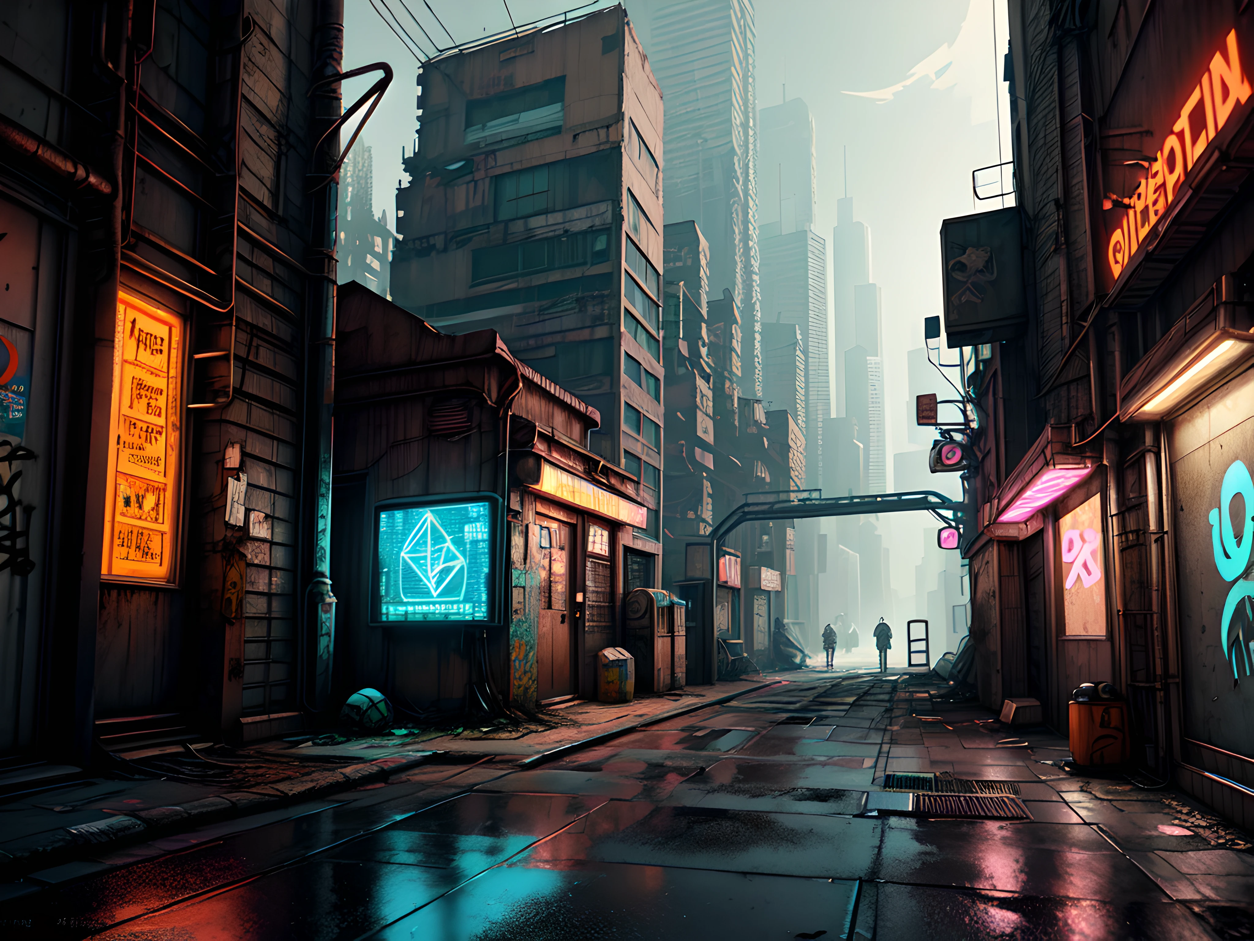 an aged, narrow alleyway in a futuristic city, framed by towering skyscrapers adorned with holographic advertisements; the alleyway is dimly lit, with rusted pipes and cracked pavement, contrasting the high-tech surroundings (Beeple-inspired:1.2) (grunge:1.1) (retro-futurism:1.1) (contrasts:1.2) (gritty ambiance) (vintage tones) (urban decay) (digital graffiti) (cyber-relics)