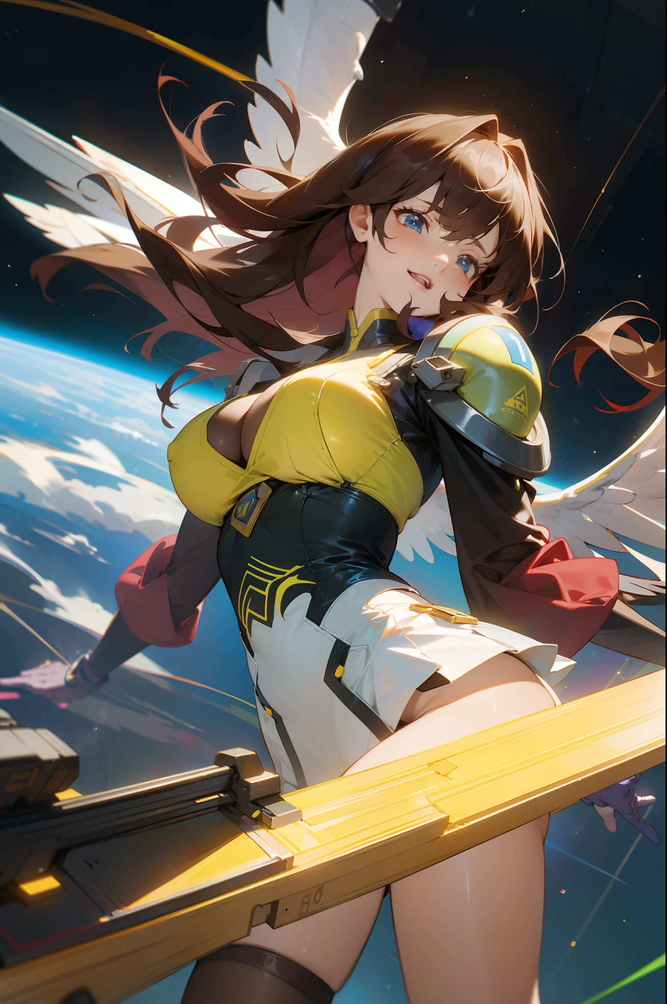 ((best qualtiy)), ((tmasterpiece)), (The is very detailed:1.3), 3D, big breasts beautiful, (cyber punk perssonage:1.6), In space, Starcloud, (holding_weapon:1.3), laser, (1Female mecha:1.3), Voluptious body, face to the viewer, glowing light eyes, full bodyesbian, (flight, swoop, dyna, motionblur: 1.4), (huge mecha wings: 1.6), head looking up, glowing_eyes, mechs, in a panoramic view, The background is the Earth, Starcloud, the space, Particle, Realistis, HDR (HighDynamicRange), Ray traching, NVIDIA RTX, Hyper-Resolution, Unreal 5, sub surface scattering, PBR textures, Post-processing, Anisotropy Filtering, depth of fields, maximum definition and sharpness, Many-Layer Textures, Albedo e mapas Speculares, Surface Coloring, Accurate simulation of light-material interactions, perfectly proportions, rendering by octane, twotonelighting, largeaperture, Low ISO, White balance, trichotomy, 8K RAW, High-Efficiency Sub-Pixel, sub-pixel volume product, (best qualtiy),(Japanese:0.5),(Korean:0.8),(Liu Yifei:1.5)long whitr hair,(:1.2),(underboobs:1.5),(White transparent lace miniskirt:1.5)gigantic cleavage breasts,Colossal tits,The groove exposes the original skin,with her mouth open