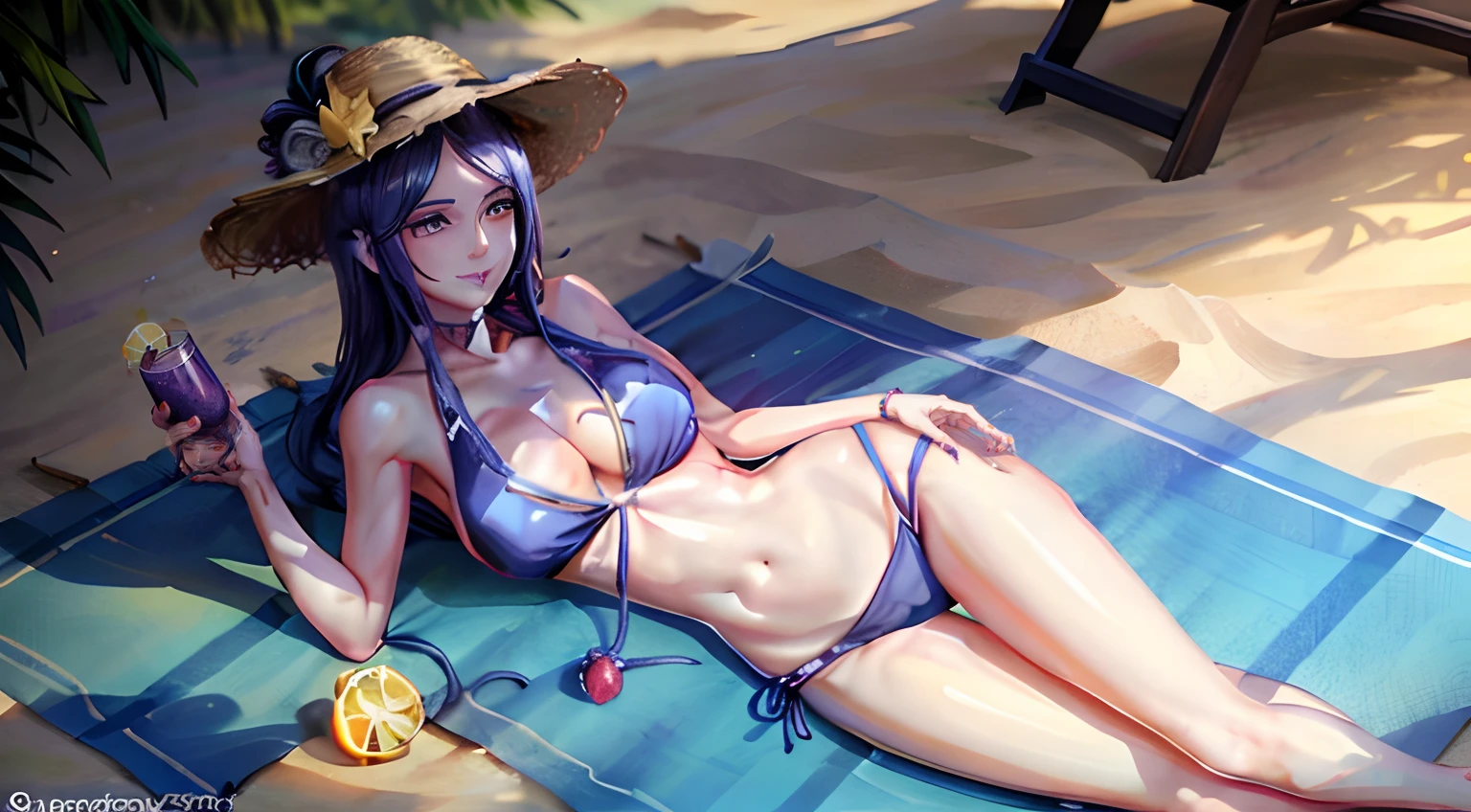 Xiaonan,blue hairs,Wearing a white bikini,Wearing a straw hat,with fair skin,On the feet are flip-flops,Hands are covered with face nail polish,Lay on a beach chair,Colorful juice in hand,Large of breast,Deep cleavage,mature,Royal Sister,Smiling,perfect bodies,the golden ratio,Whole body diagram,Summer beach in the background,high qulity,high detal,