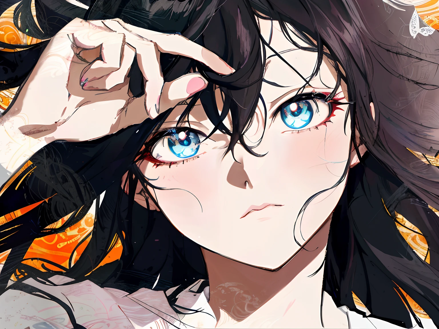 Anime girl with long black hair and blue eyes holding her head, demon slayer rui fanart, Stunning anime face portrait, detailed portrait of an anime girl, Detailed digital anime art, Anime style portrait, black hair and large eyes, semirealistic anime style, in an anime style, girl with white eyes, Detailed anime face, Beautiful anime face, detailed anime character art