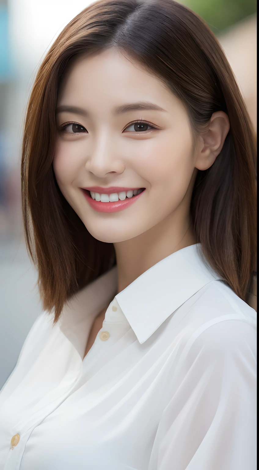 ((Best Quality, 8K, Masterpiece: 1.3)), Sharp Focus: 1.2, A Beautiful Woman with Perfect Figure: 1.4, Slim Abs: 1.2, (Layered Hairstyle,: 1.2)), (Wet White Button Long Shirt: 1.3), Rain: 1.3, Street: 1.2, Wet Body: 1.1, Highly Detailed Face and Skin Texture, Detailed Eyes, eyelash Eyes, lip gloss, Double Eyelids, Big Breasts, Smile,